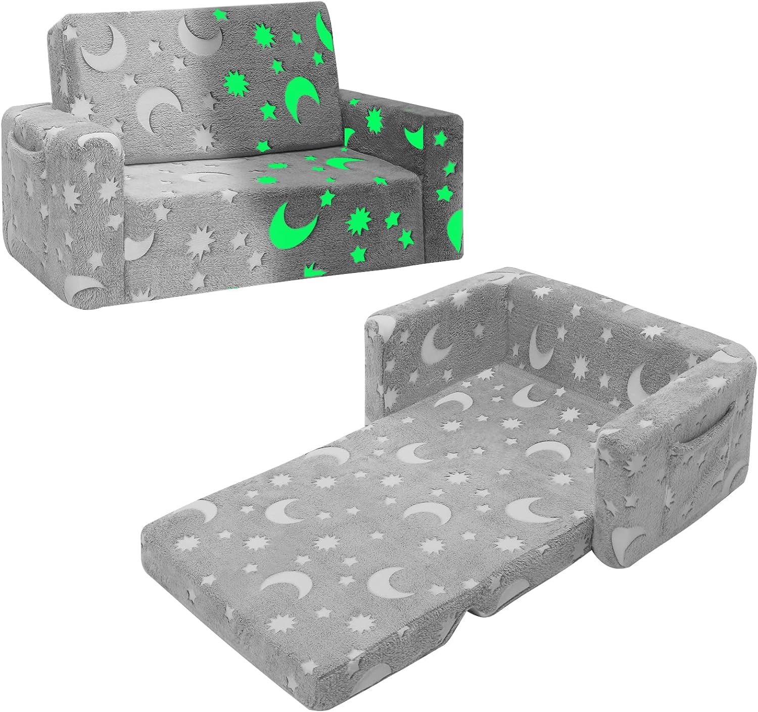 Toddler Couch, Toddler Chair Folding, Kids Couch 2 in 1 Kids Sofa Glow in The Dark Couch, Gifts Sleeper for Girls Boys - Gray Sky