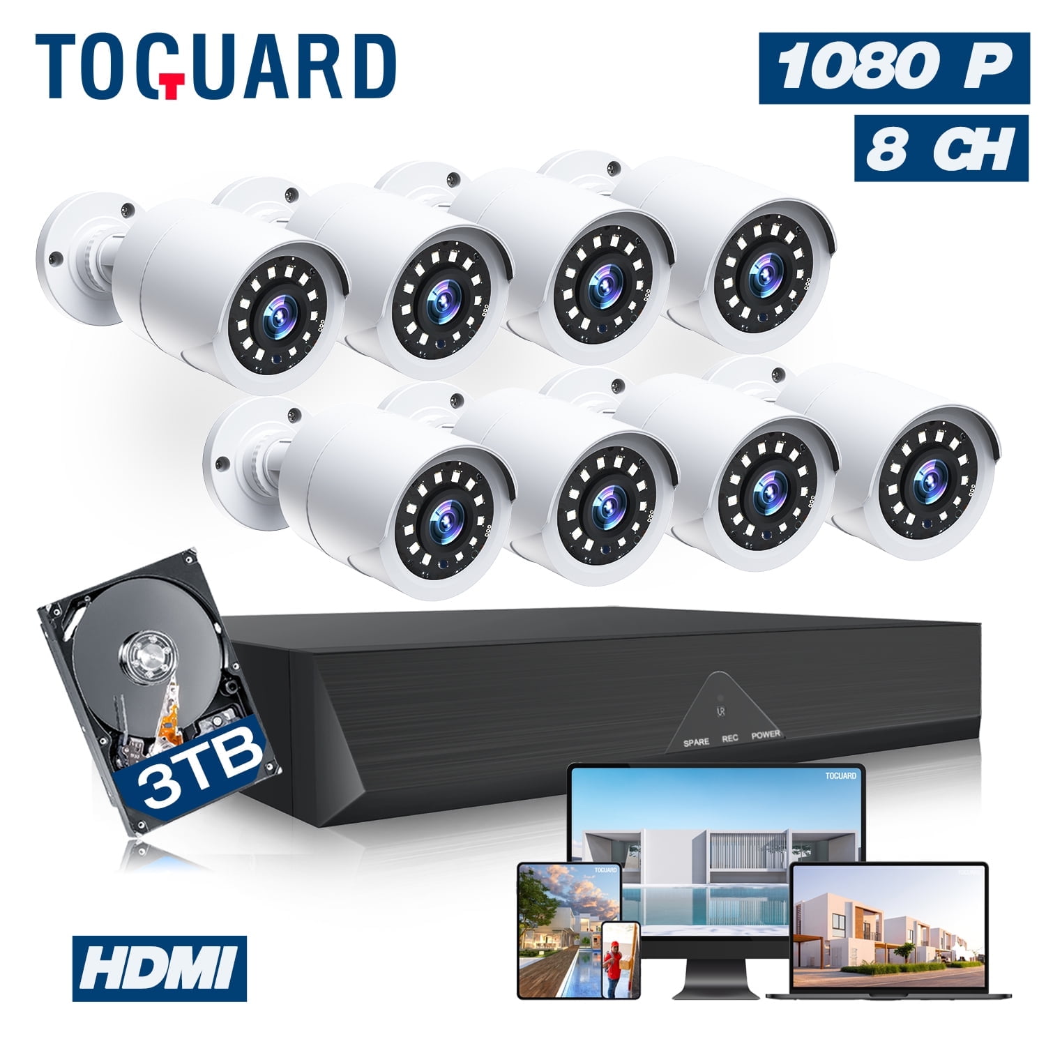 Toguard SC35 8CH CCTV Security Camera System Outdoor with 3TB Hard Drive 8pcs Wired 1080P Bullet Surveillance Cameras HDMI Connector