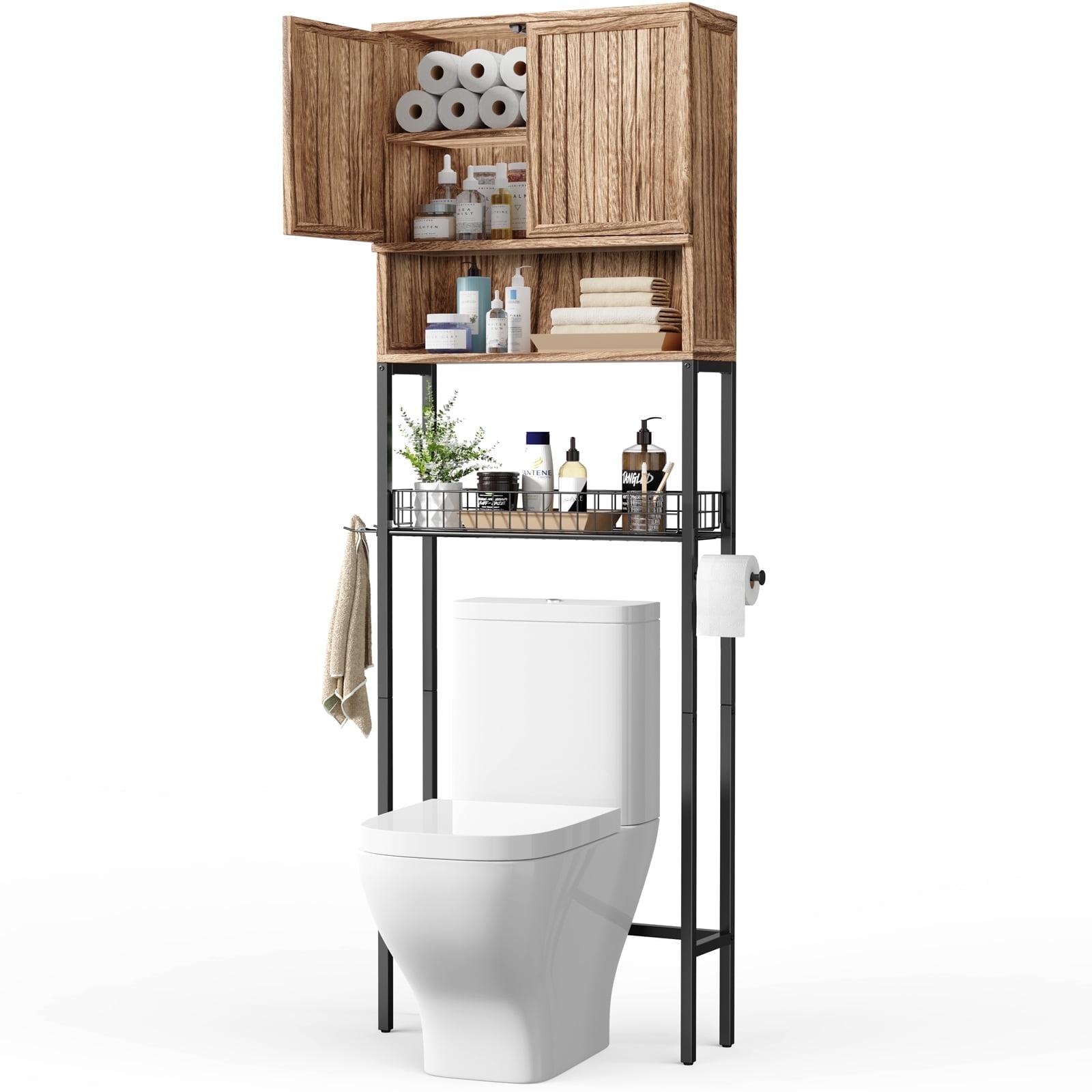 Toilet Cabinet, Wood Toilet Bathroom Organizer Storage with Toilet Paper Holder, Hooks & Adjustable Shelf, Freestanding Toilet Storage with Anti-Tip Device, Rustic Brown