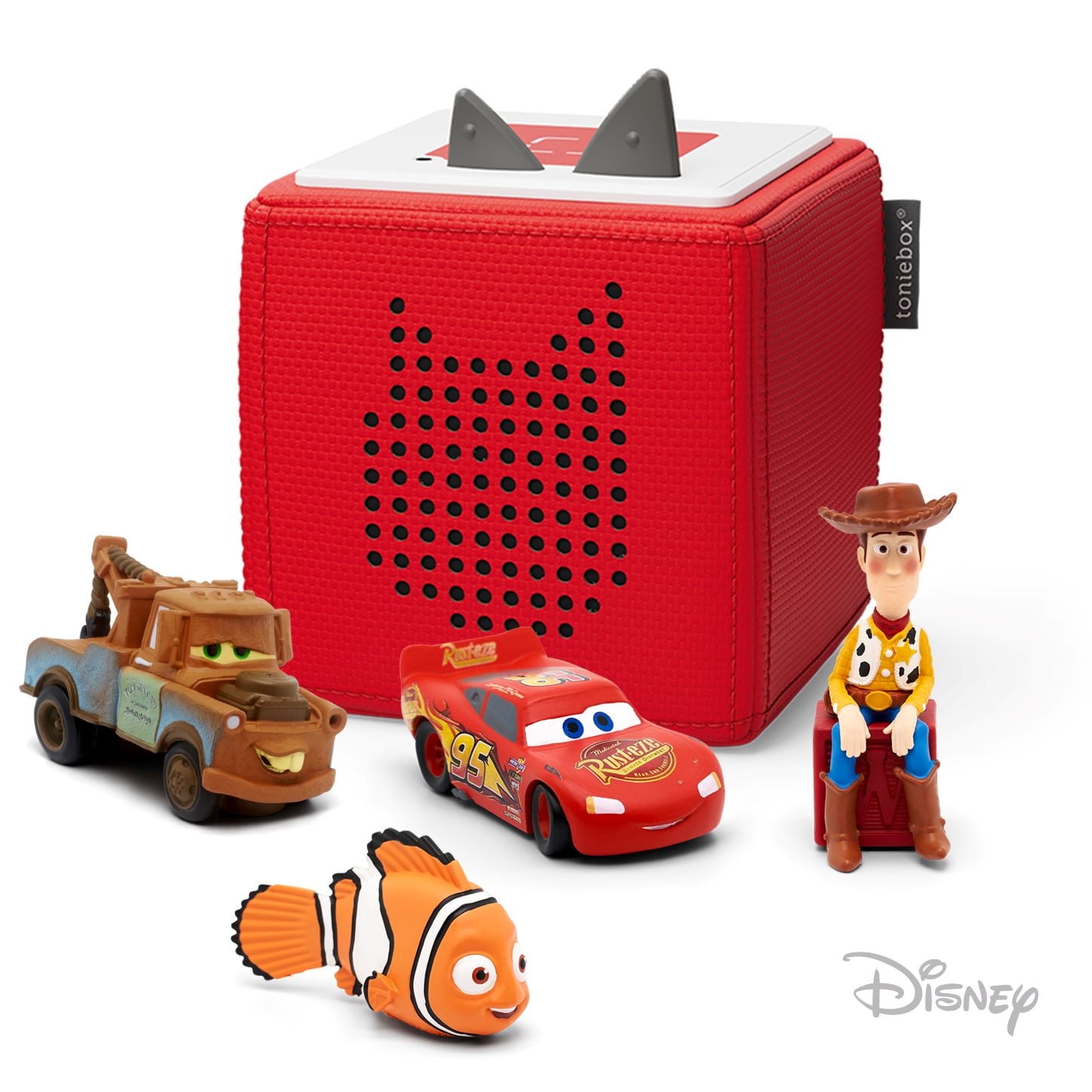 Tonies Disney Pixar Toniebox Audio Player Bundle with Woody, Lightning McQueen, Nemo, and Mater, for Kids 3+, Red