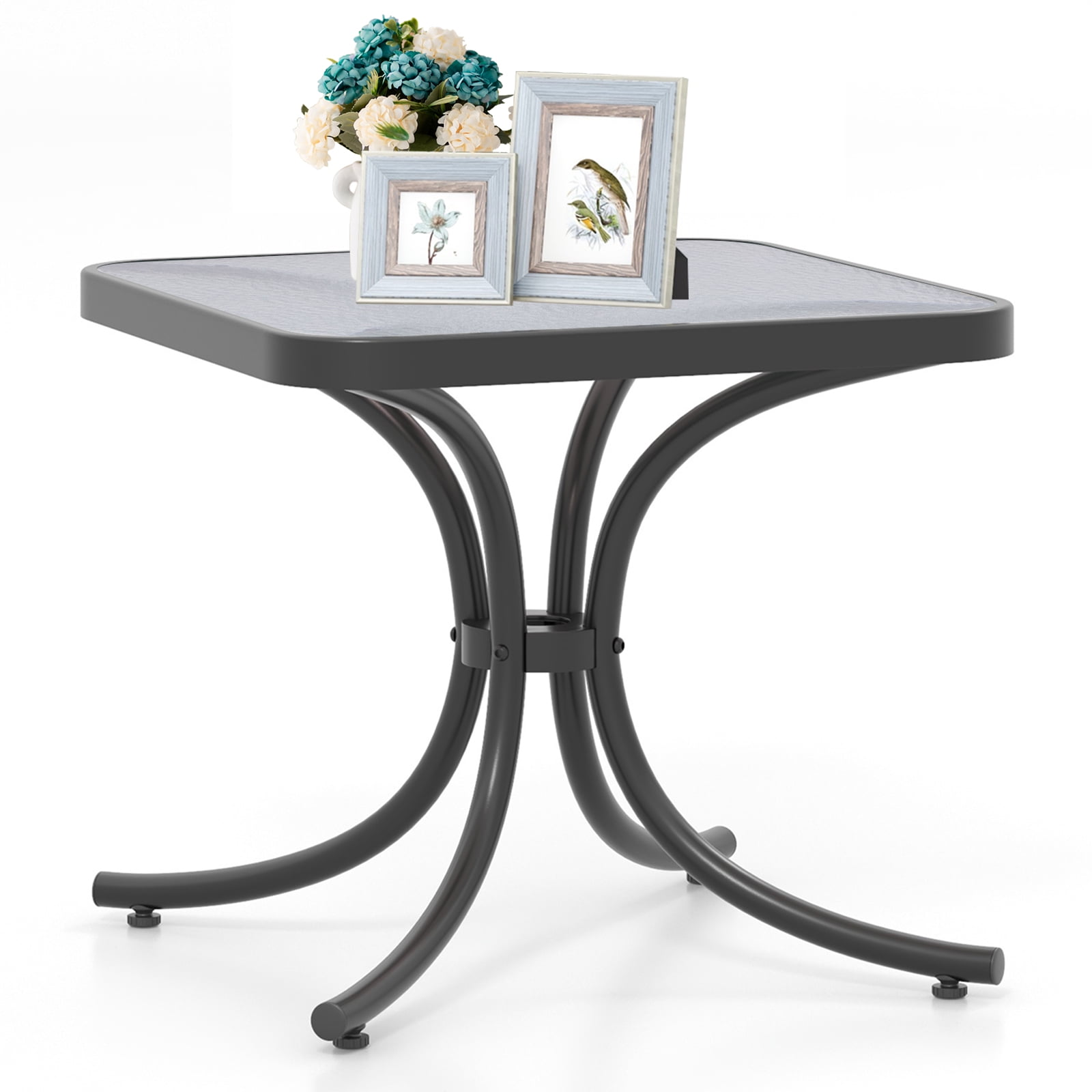 BLACK JAGUAR Tempered Glass Top Patio Table, 20" Outdoor Side Table w/ Heavy-duty Metal Frame Patio Square End Table