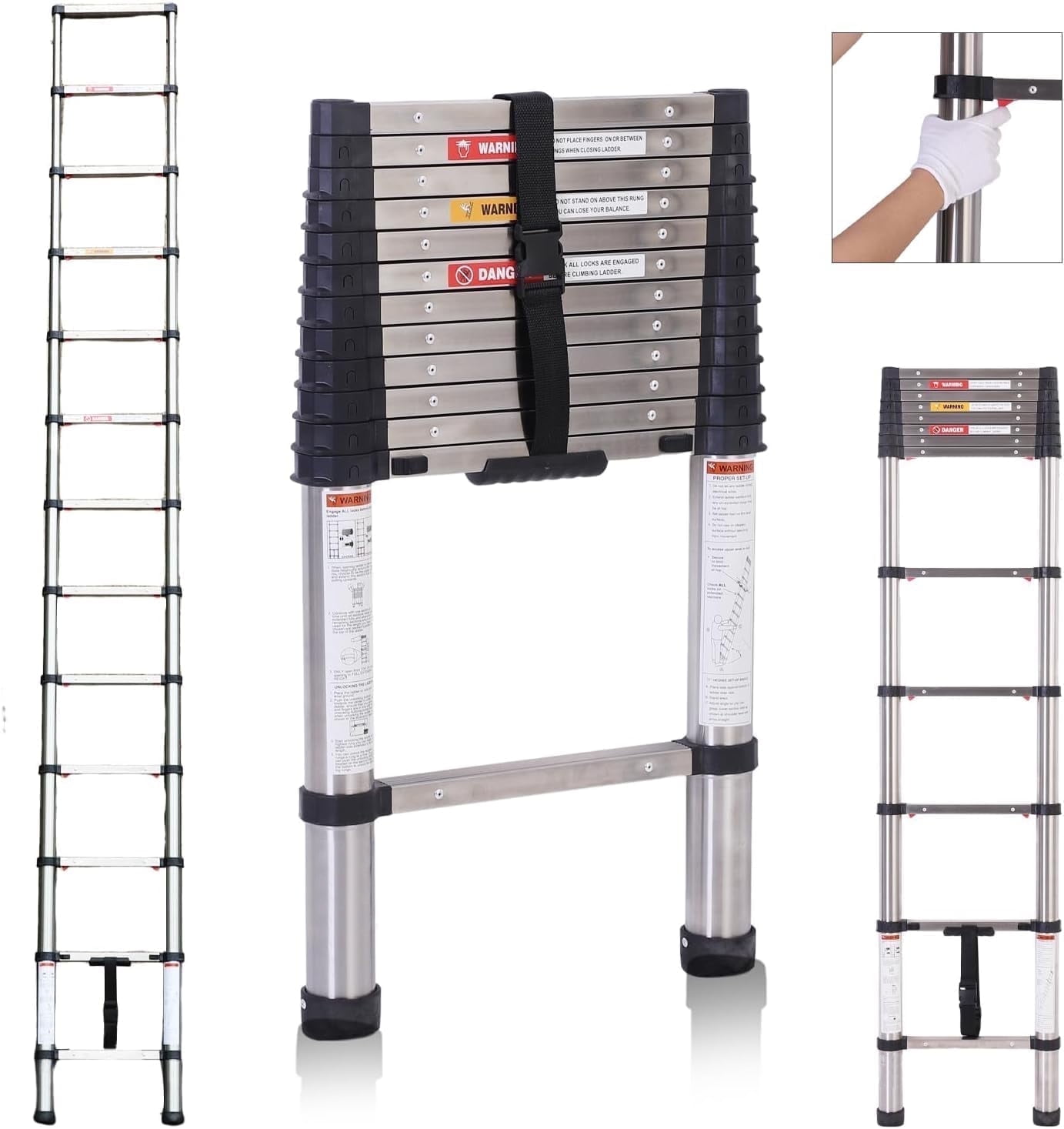 Topwire Telescoping Ladder 12.5FT, Extension Step Ladder One Button Retraction,Stainless Steel Collapsible Ladder Slow Down Design for Home RV Loft,330 lbs Max Capacity