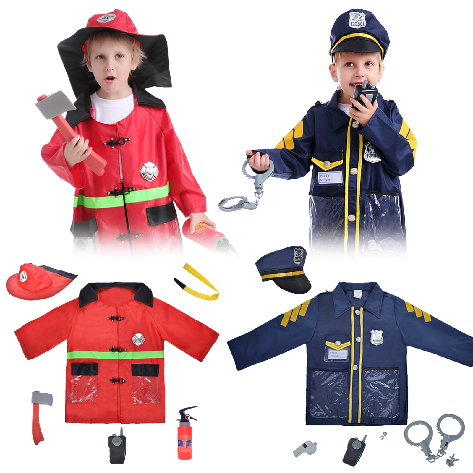 Toptie Firefighter & Police Pretend Play Set for Kids, Preschool Dress Up Clothes for Boys Girls