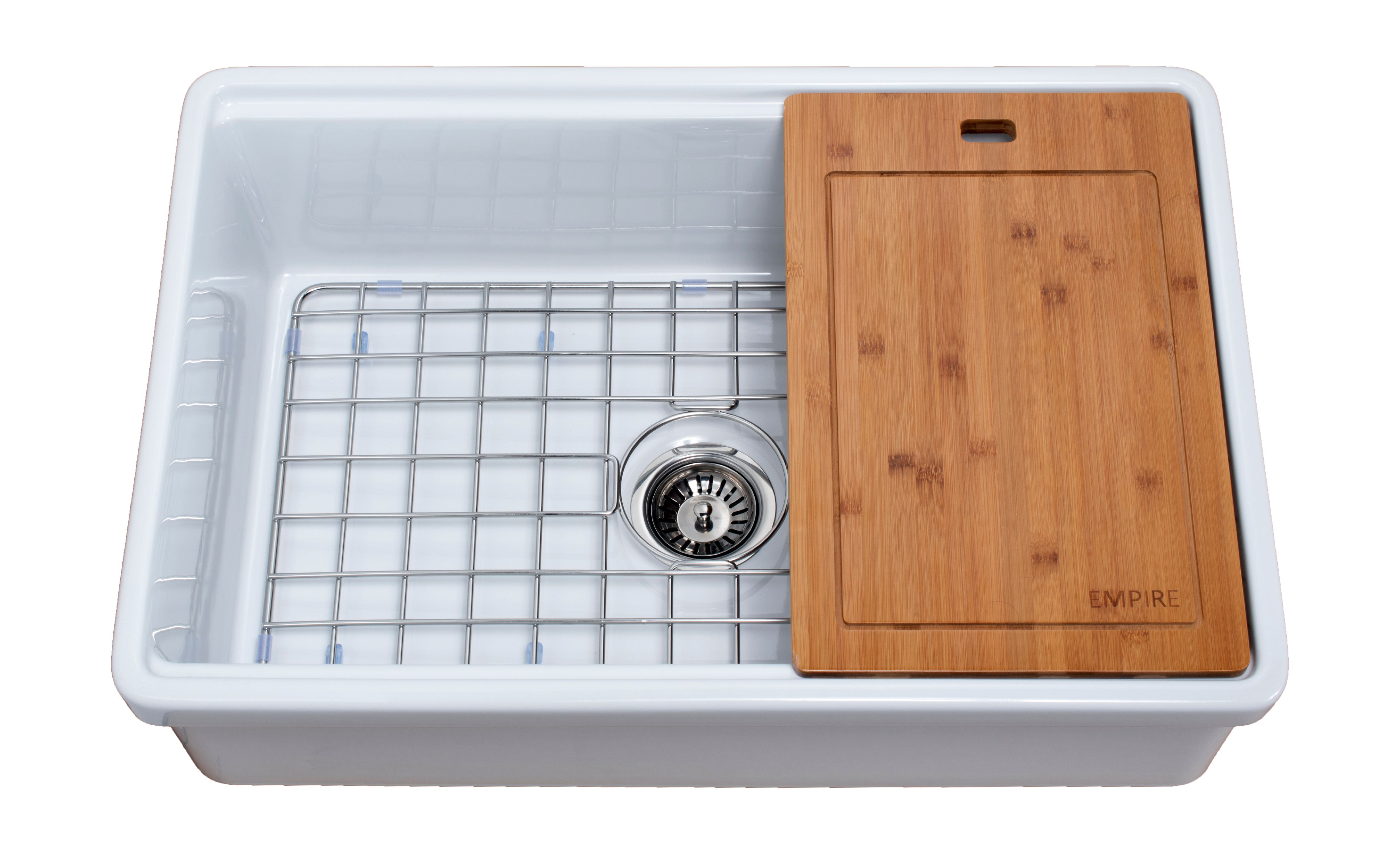 Tosca Farmhouse Fireclay 30" Kitchen Sink with Grid, Cutting-Board and Strainer in White