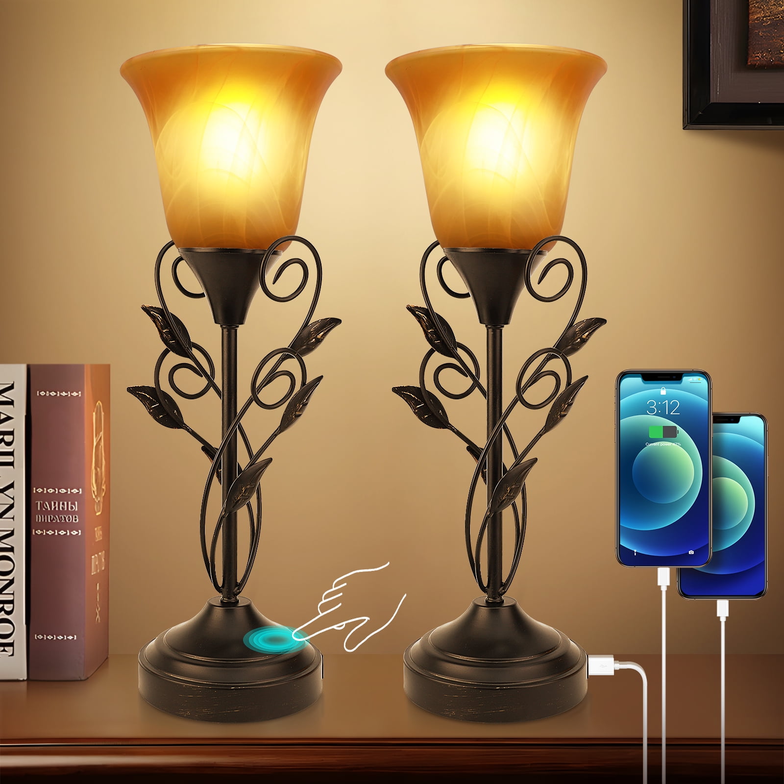 Touch Control Table Lamp with USB Port, 3-Way Dimmable Bedside Nightstand Lamp, Amber Glass Shade Vintage Rural Leaf Flower Lamp for Bedroom, Living Room (Set of 2, Bulbs included)
