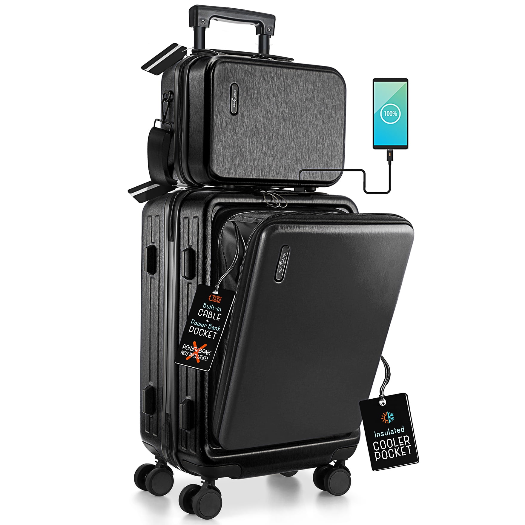 Virtu 20 inch Hardside Carry-On Expandable Luggage, Front Pocket Luggage Set Spinner Suitcase Set, Black