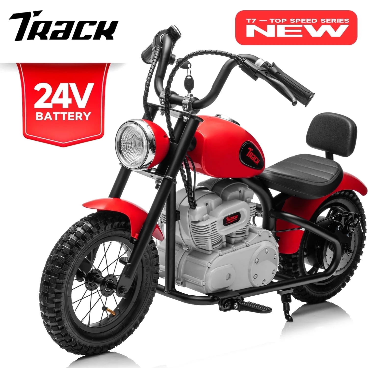 Track 7 24V Electric Dirt Bike for kids, 250W Ride on Motorcycle with Twist Grip Throttle, Hand-Operated Brakes, Key Start, Off-Road Motocross Speed Up to 10 MPH, Age 8+, Red