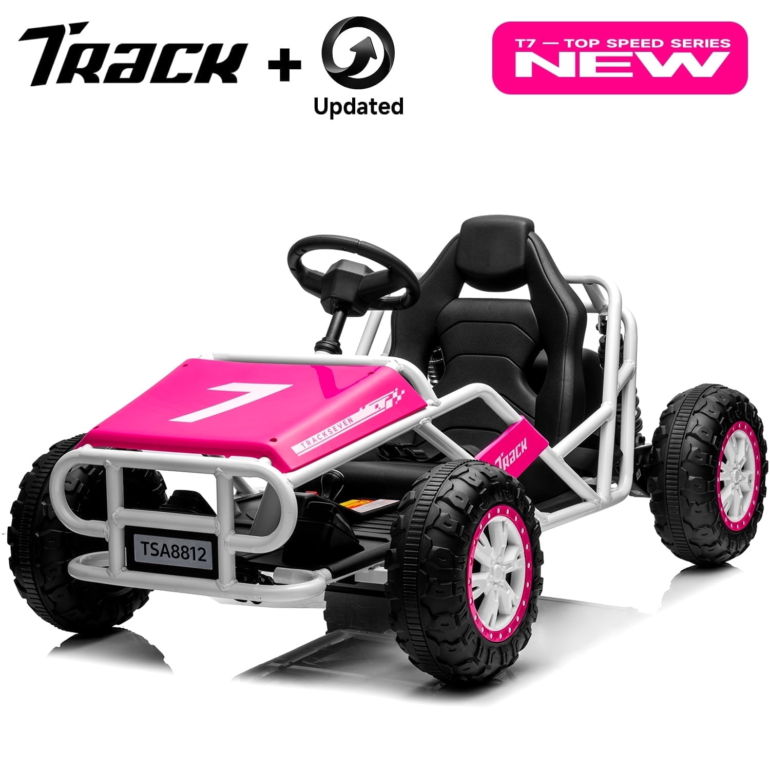 Track 7 24V Electric Go Kart, Racing Go Kart, Independent Electronic Brake Foot Pedal, Durable Full Steel Frame, 4 mph Max Speed Electric Go Kart, 24V Outdoor Ride On Car for Kids Age 6+, Pink