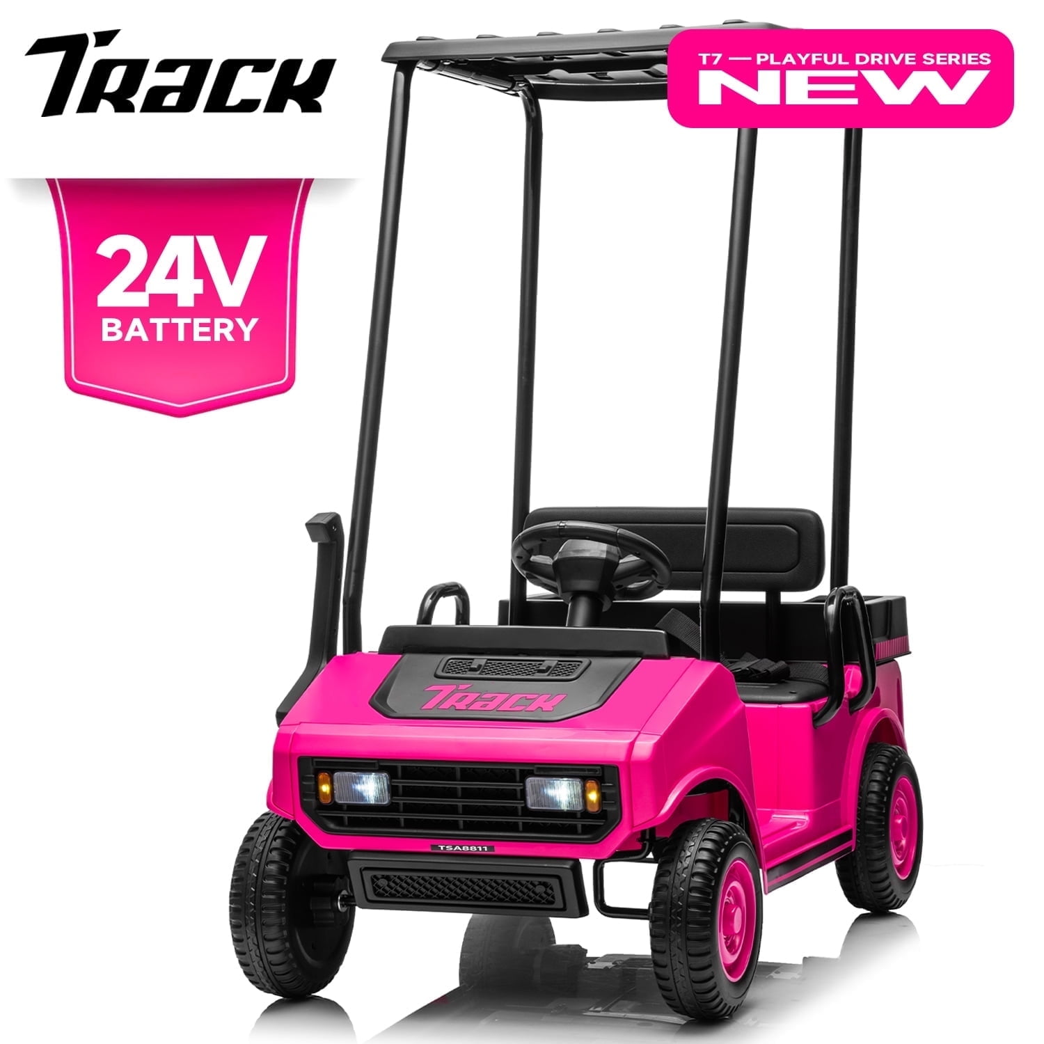 Track Seven 24V Ride on Car, Electric Golf Cart with Ceiling, Ride on Truck with Remote Control, Music, Rear Storage Box, Electric Car for Boys Girls Age 3+, 18.5" Large Seat with Armrests, Pink