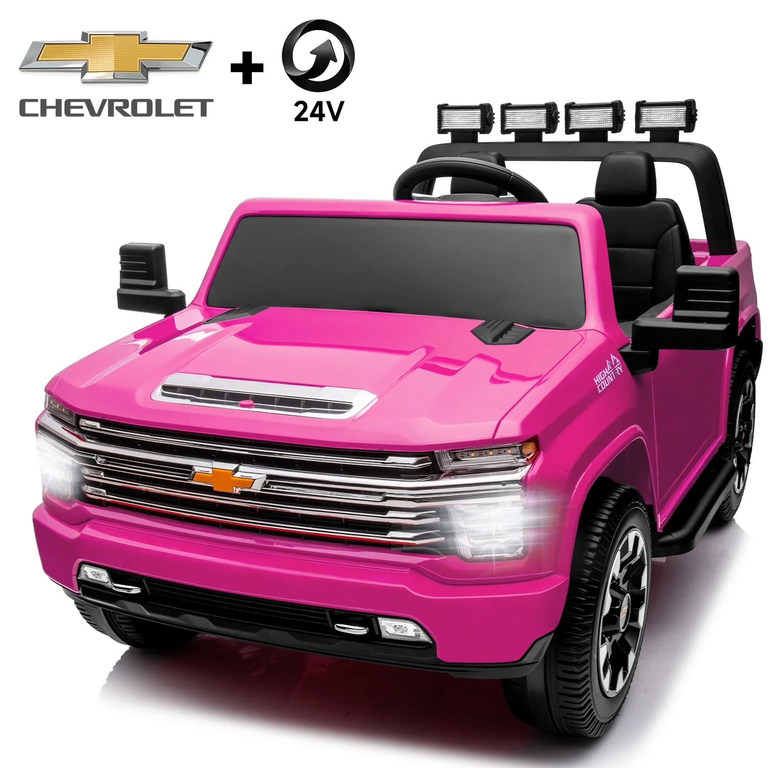 Track Seven 24V Ride on Car, Licensed Silverado HD 2 Seater Electric Car for Boys Girls Age 3+, 24V Ride on Truck w/Remote Control, Music, ABC, Pink