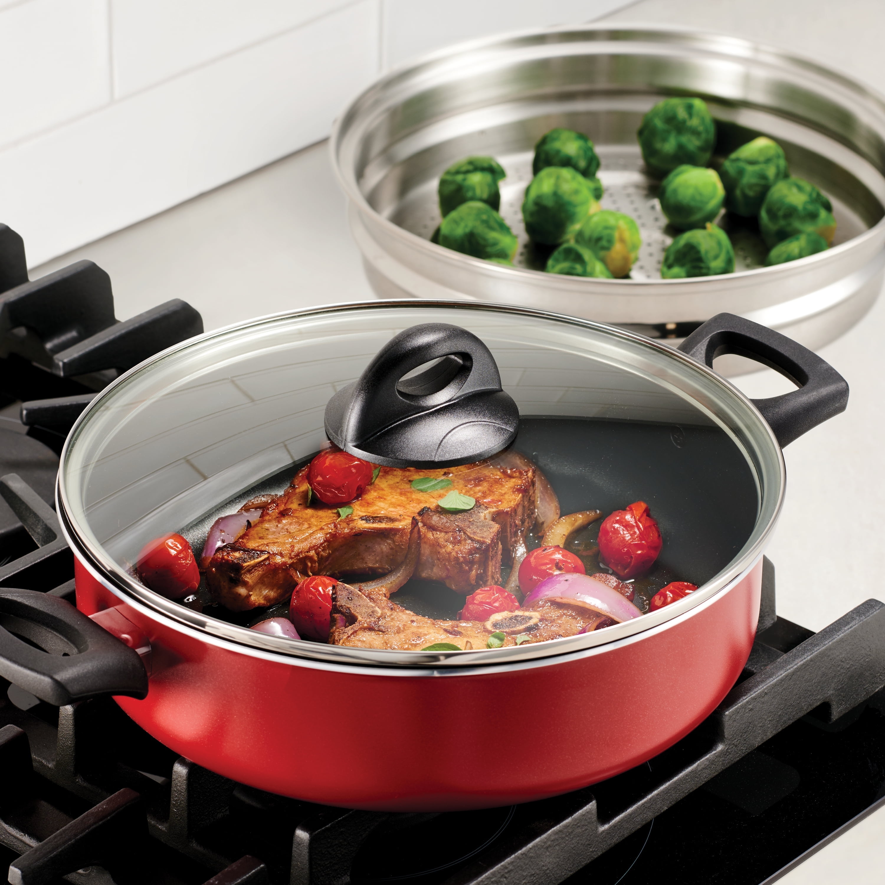 Tramontina 4-Quart Nonstick Everyday Pan with Steamer and Lid, Metallic Red, Dishwasher Safe
