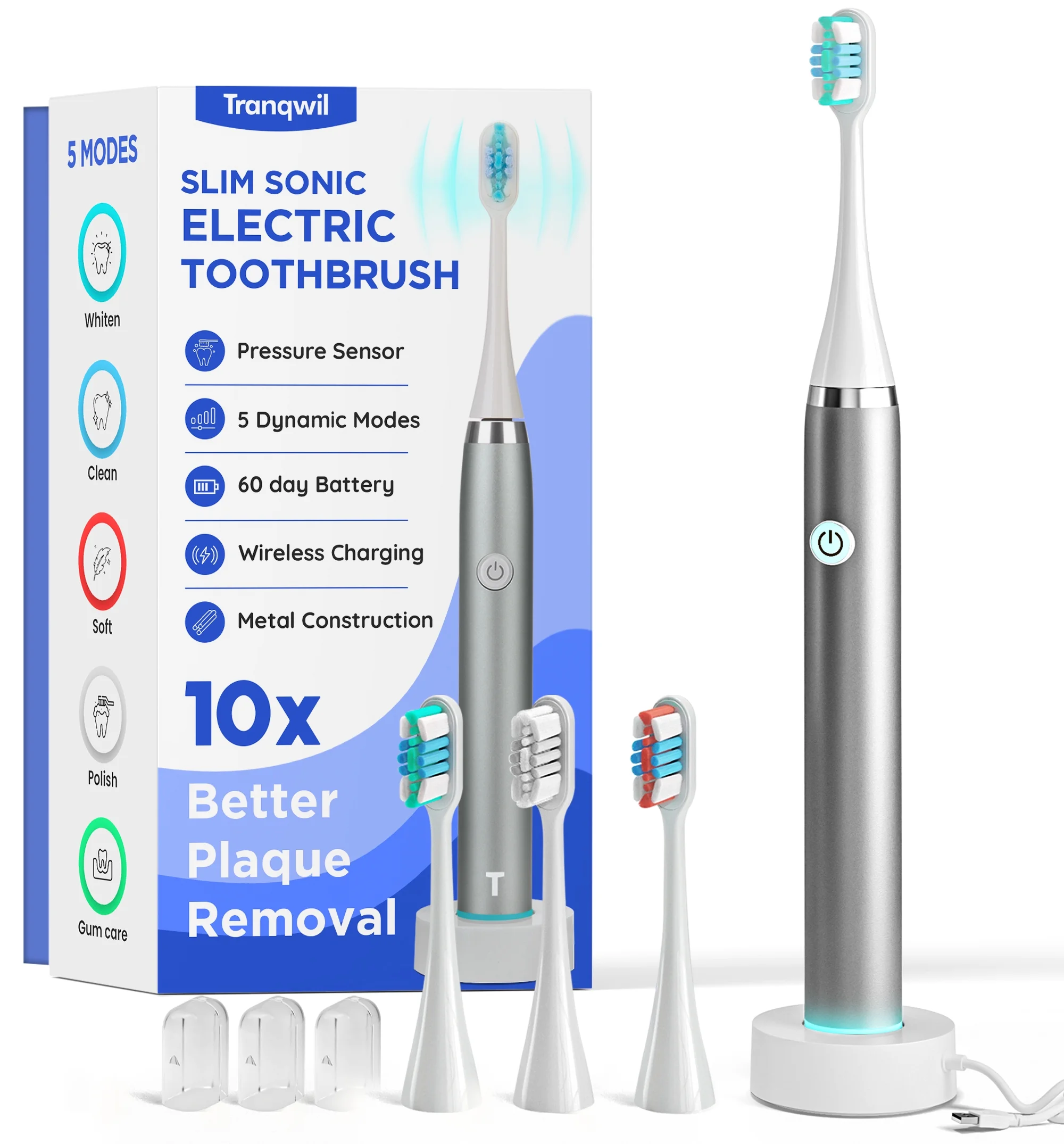 Tranqwil Slimsonic Rechargeable Electric Toothbrush - 60 Day Charge, 5 Modes, 2 Min Built-in Smart Timer (Silver Metal)