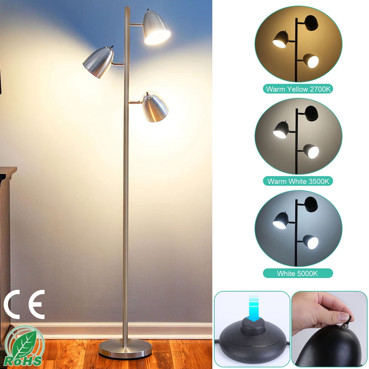 Tree Floor Lamp with 3 Color TeqHome Standing light Lamps for Living Room Bedroom Office, Reading Stand up light with 360° Adjustable Arms Individual Separate Switch, Silver (LED A19 Bulbs)