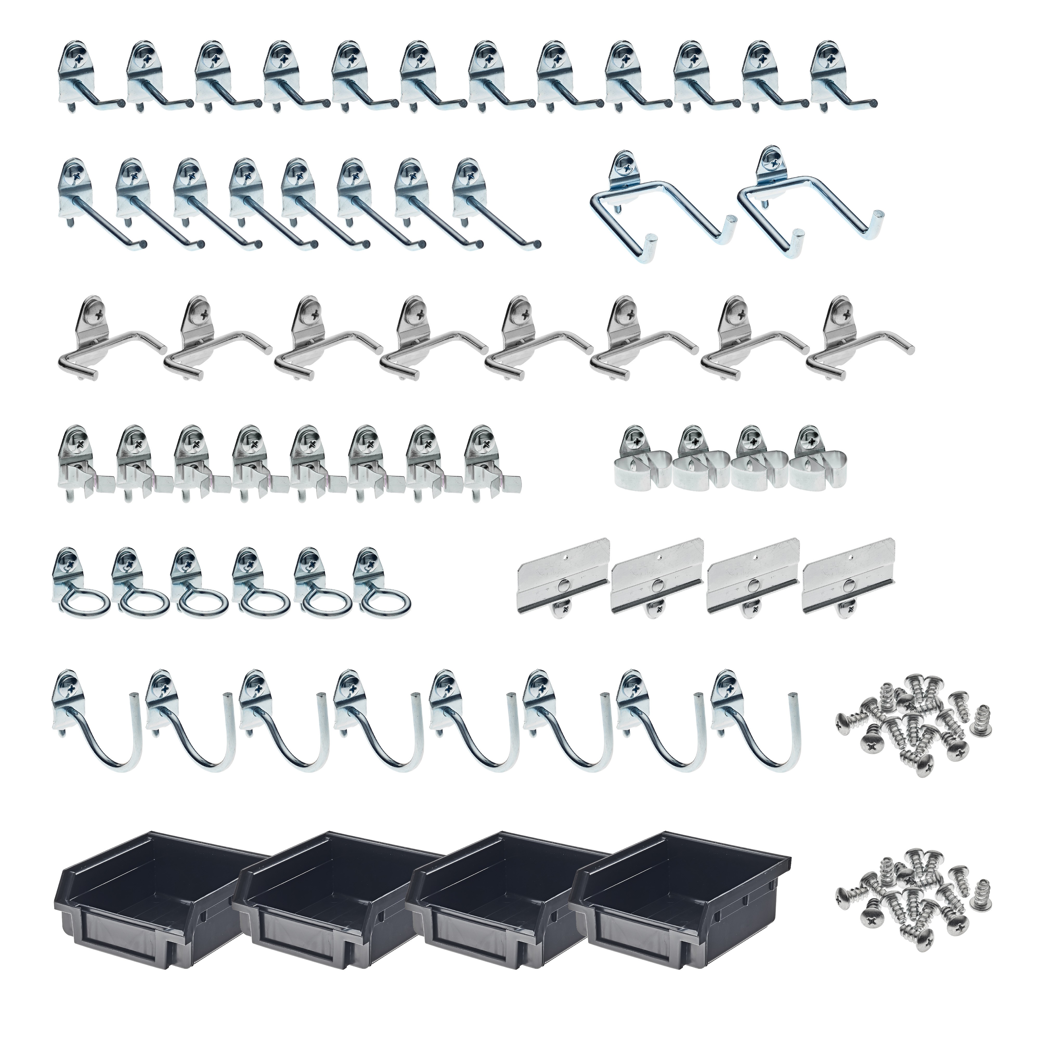 Triton Products® 64-Piece Steel Pegboard Hook & Plastic Bin Kit, 60 Hooks & 4 Bins, Model# 76964