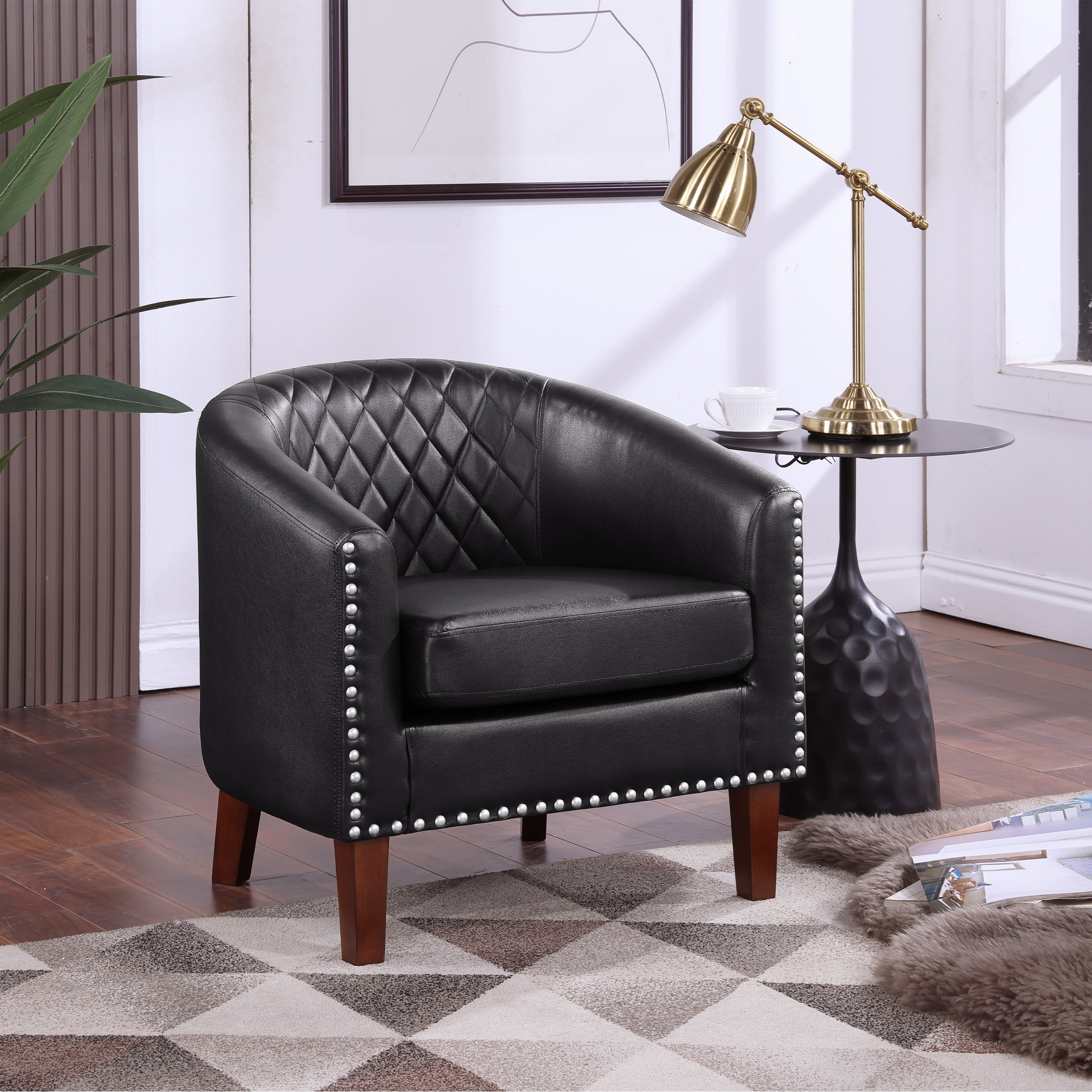 TrumanPick Barrel Chair Leather Accent Chair Club Armchairs Comfy chairs for Living Room, Bedroom, Black
