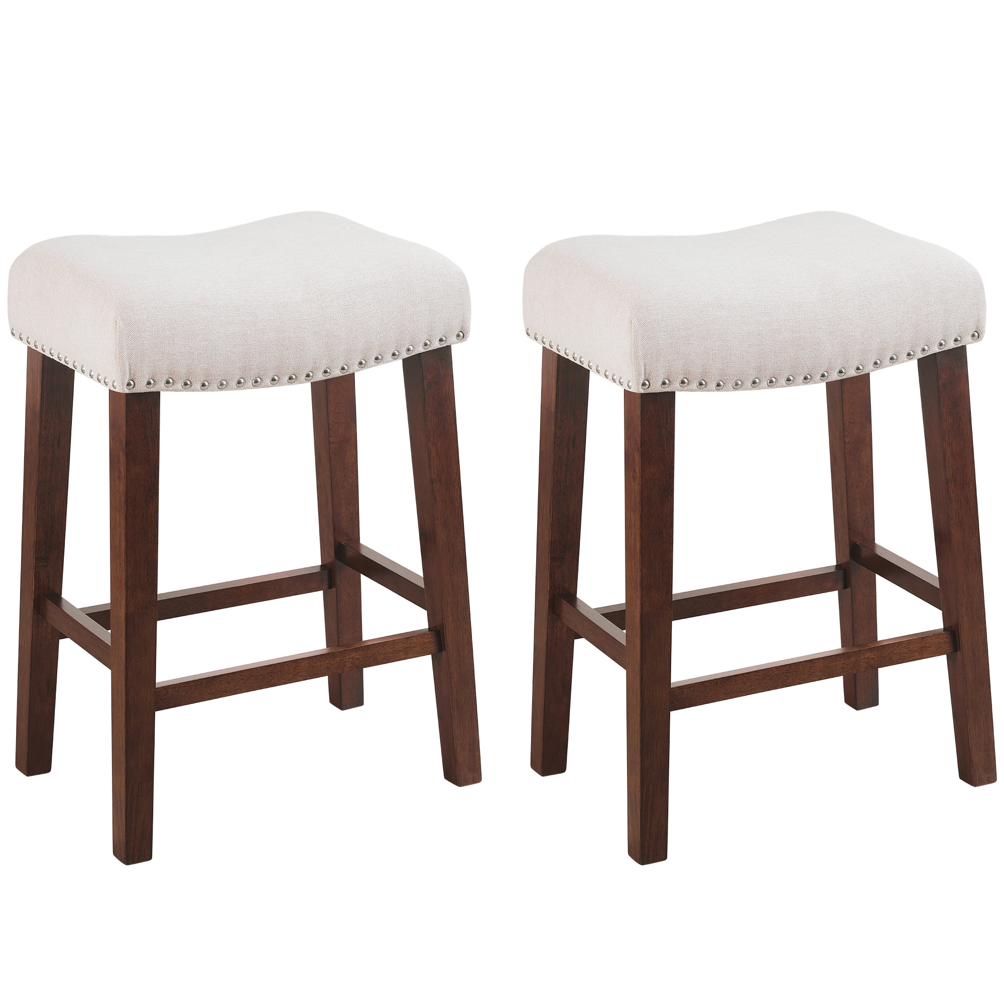 24 Inch Counter Height Bar Stools Set of 2 Saddle Barstools for Kitchen Island, Kitchen Stools with Nailhead Trim, Beige