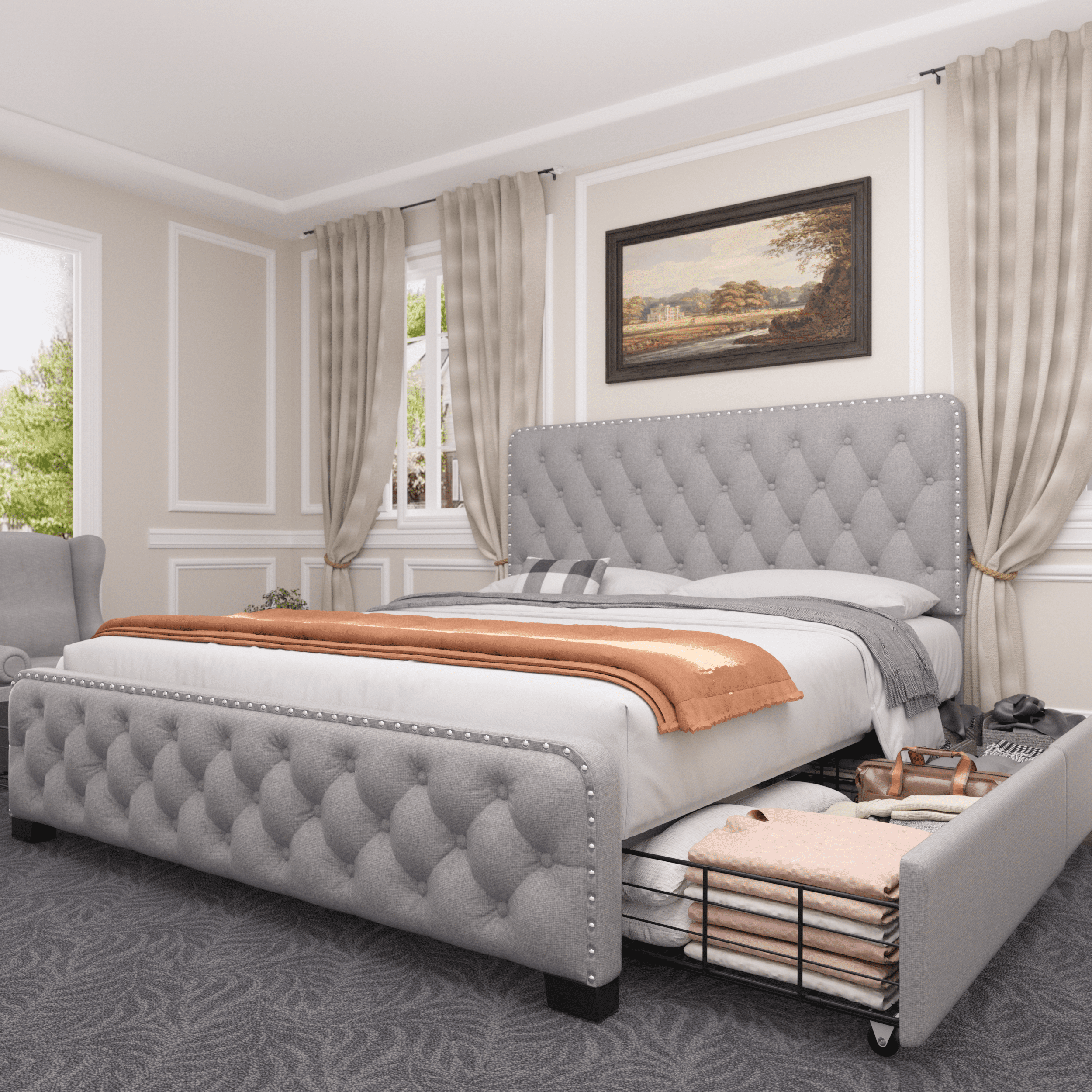 TrumanPick Queen Size 4 Drawers Bed Frame with Adjustable Upholstered Button Headboard, Adult, Grey