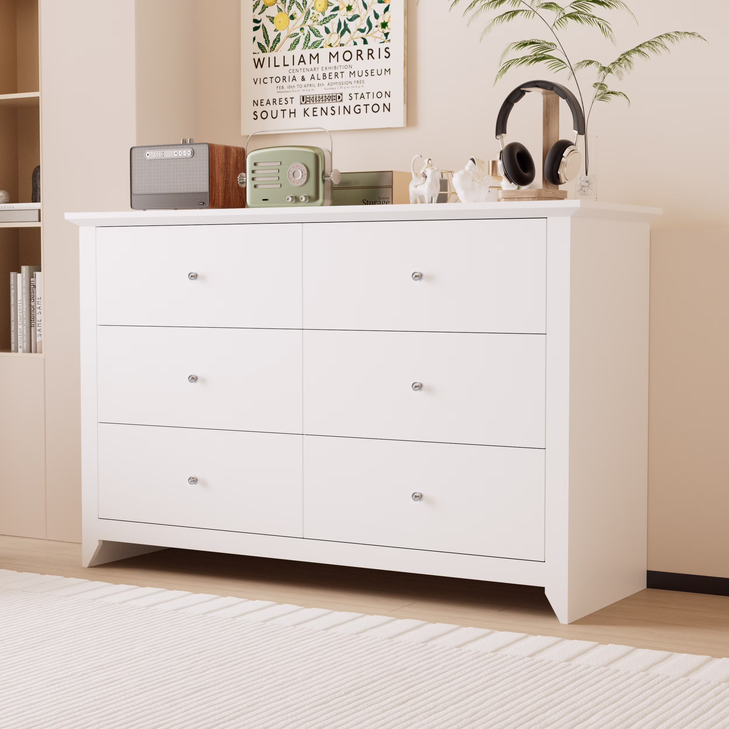 TrumanPick 6 Drawer Double White Dresser for Bedroom Wood Chest of Drawers for Living Room Entryway 47"L x 17"W x 33"H
