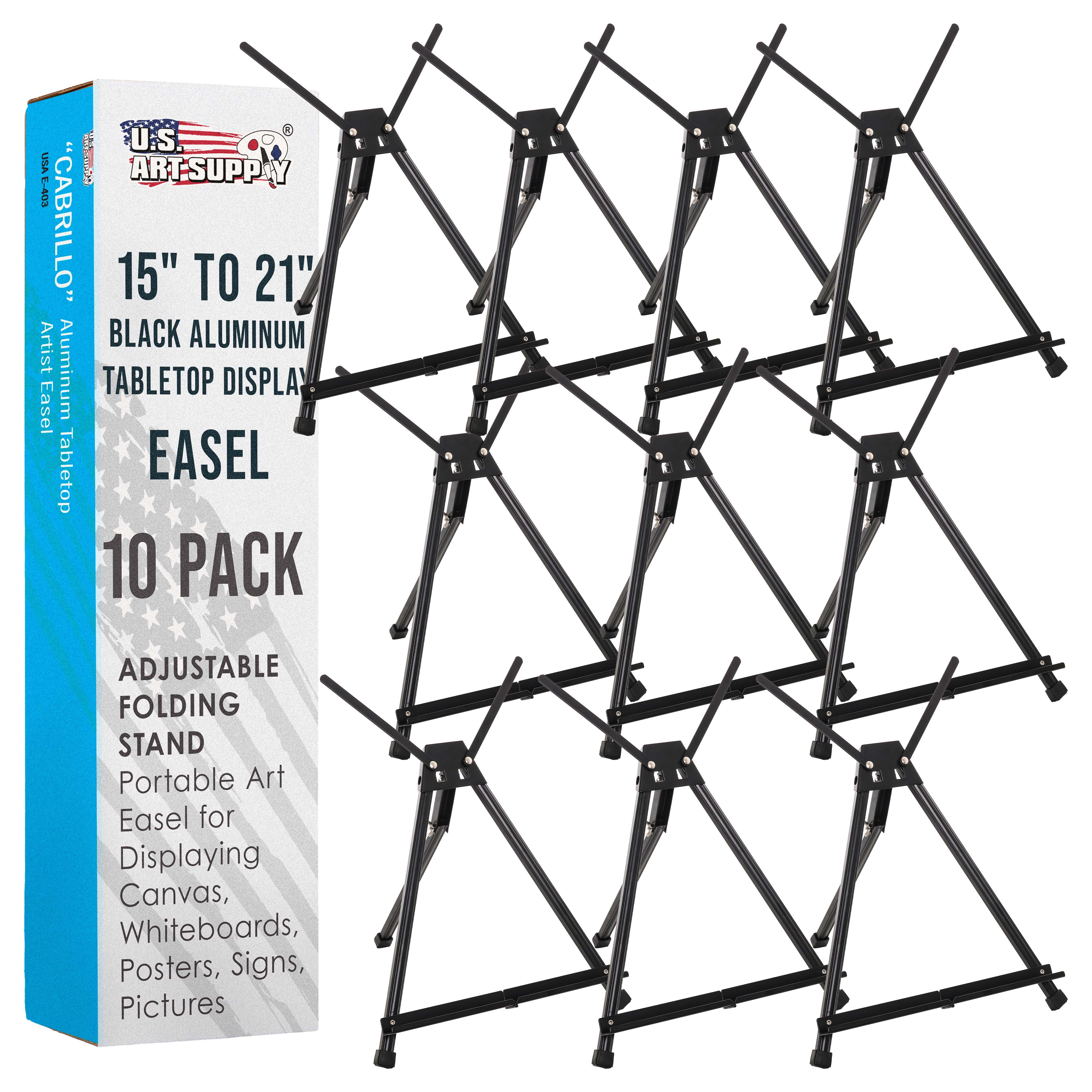 U.S. Art Supply 15" to 21" Adjustable Black Aluminum Tabletop Display Easel (Pack of 10) - Artist Tripod Stand with Wing