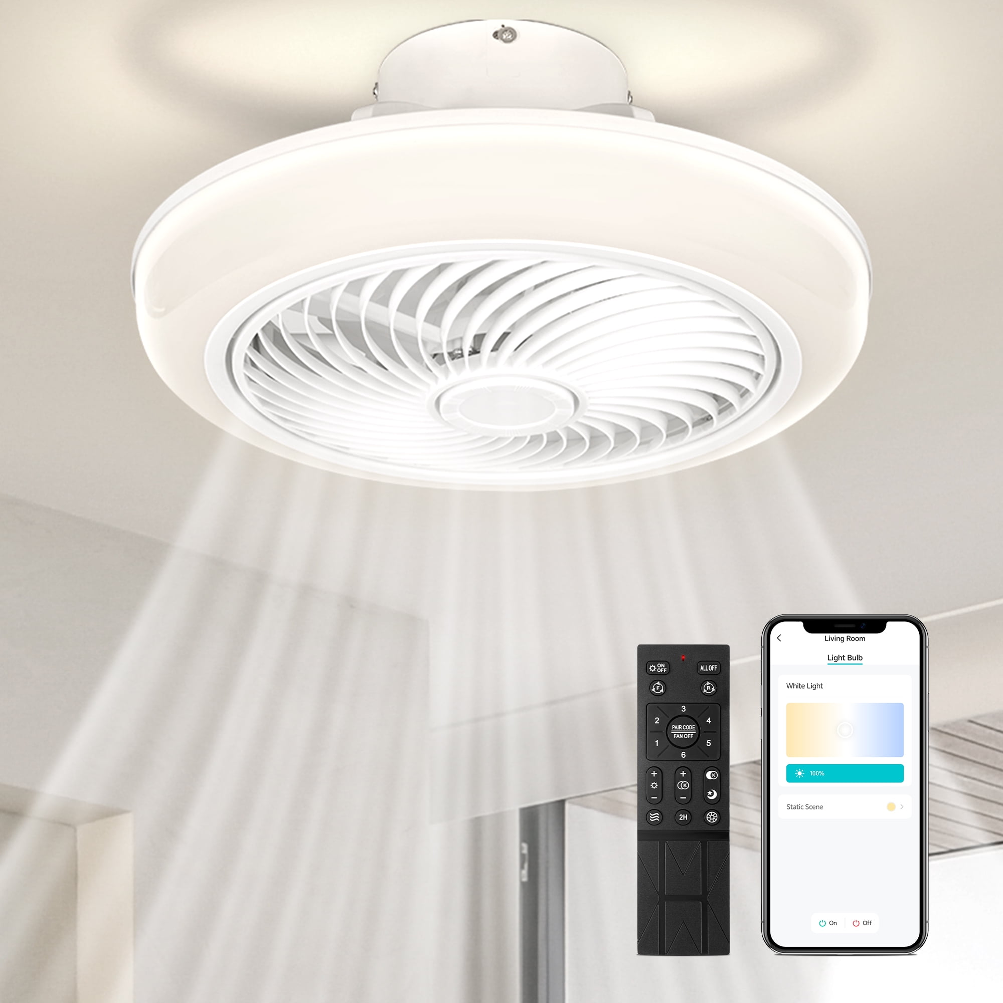 Uarter 20 Inch Ceiling Fan with Light and Remote Control Low Profile Modern Fans, Dimmable Color Temperature and 6 Speeds, White