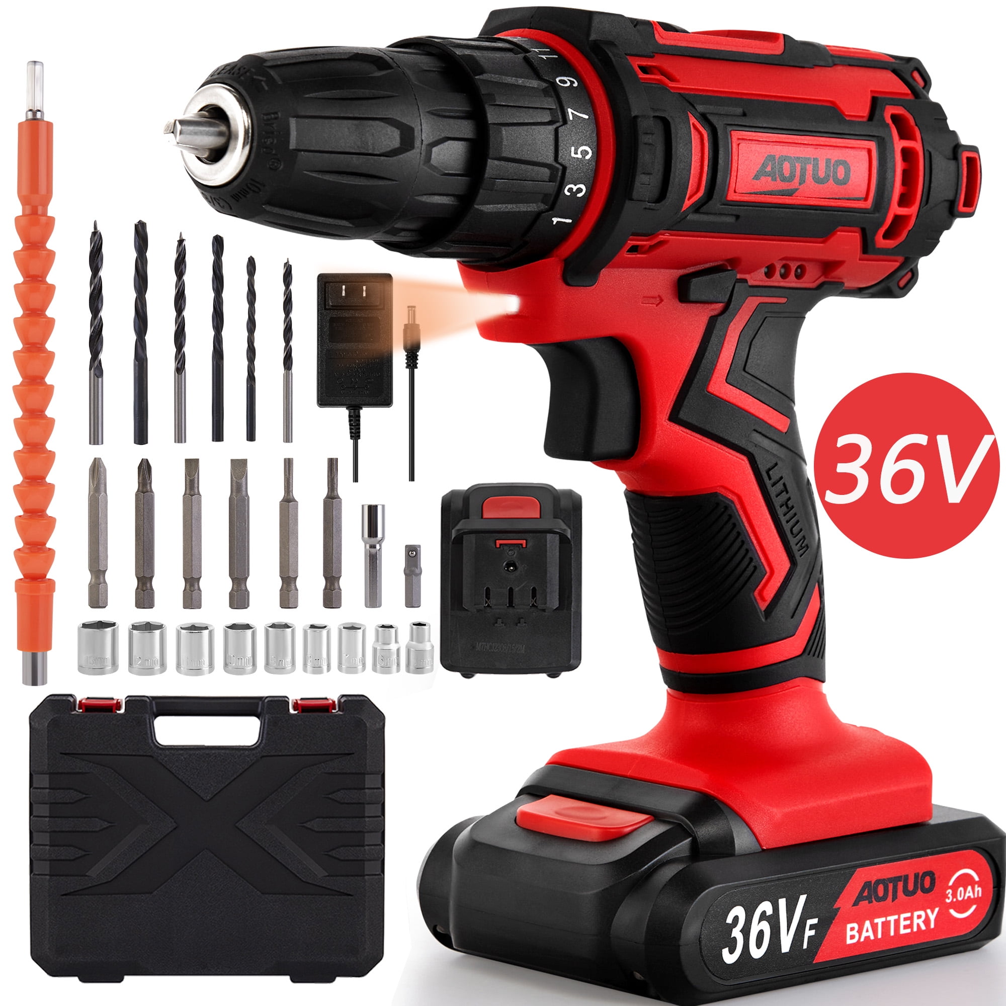 Uarter 36V Cordless Drill Set 25+1 Position Electric Power Drill with 2 Battery & Charger, 3/8 Inch Keyless Chuck, 2-Variable Speed, LED Light and 24pcs Drill/Driver Bits