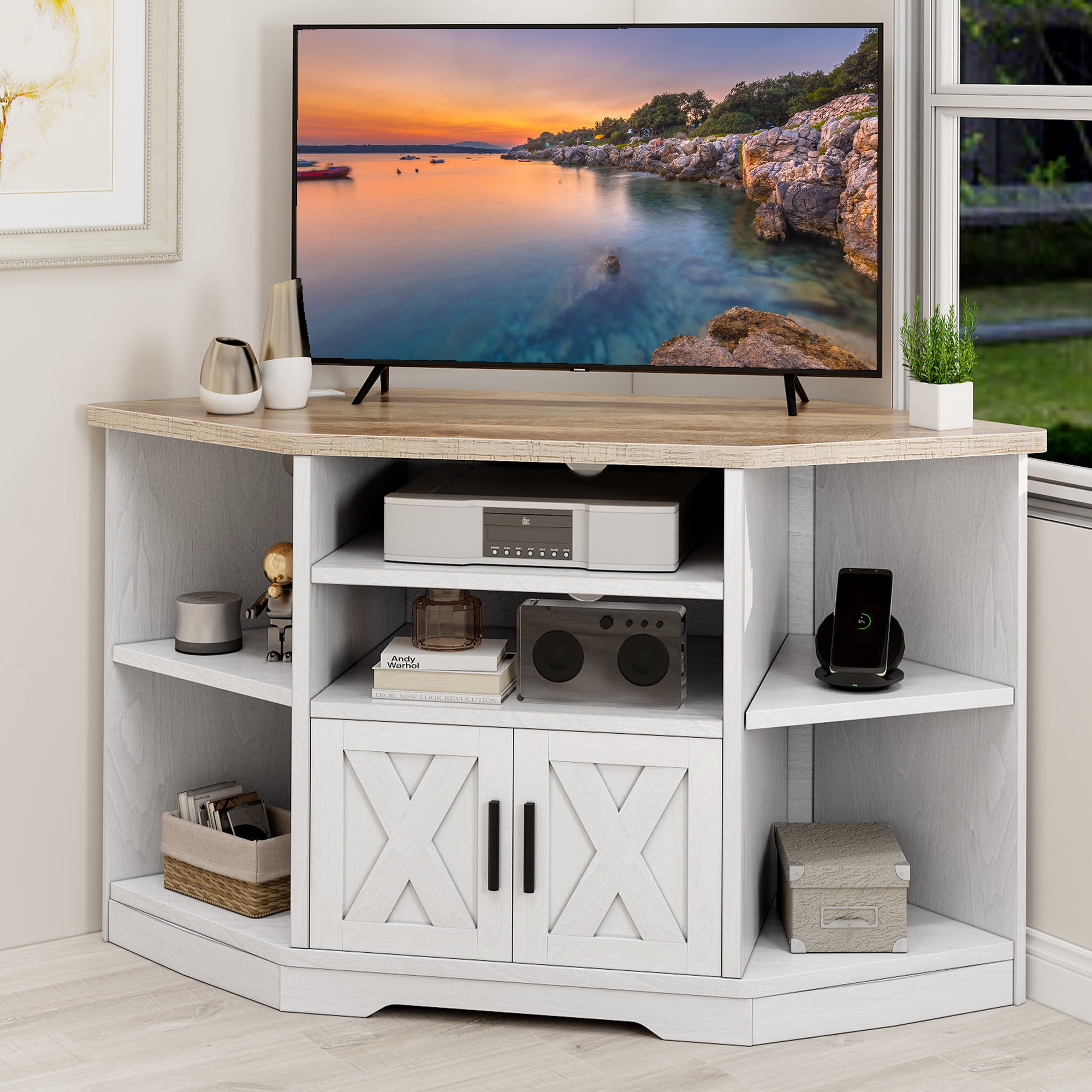 Uforic Farmhouse Corner TV Stand, 55', Power Outlet, Wood Entertainment Center, Storage, White