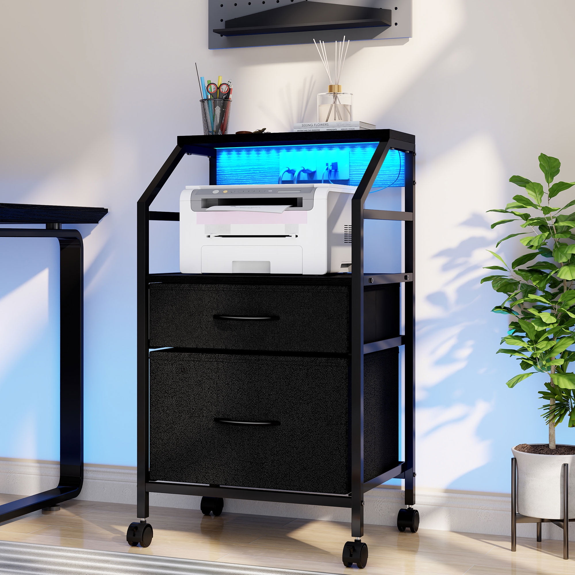 Uforic Mobile File Cabinet with 2 Drawer , Fabric Vertical File Cabinet with Wheels & Charging Station, Printer Stand with Open Shelf Fits A4 or Letter Size, Black