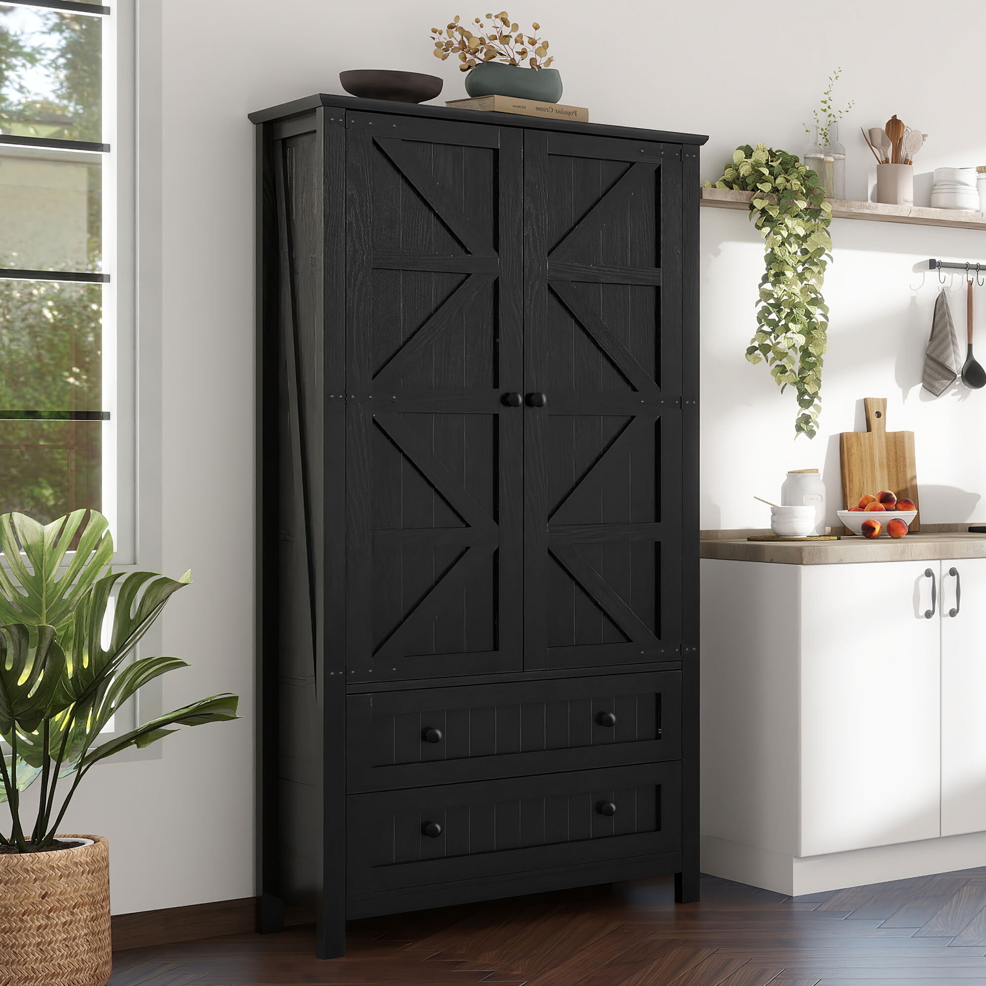 Uforic Pantry Cabinet with Drawers & Shelves, Kitchen Storage Cabinet with Doors, Black