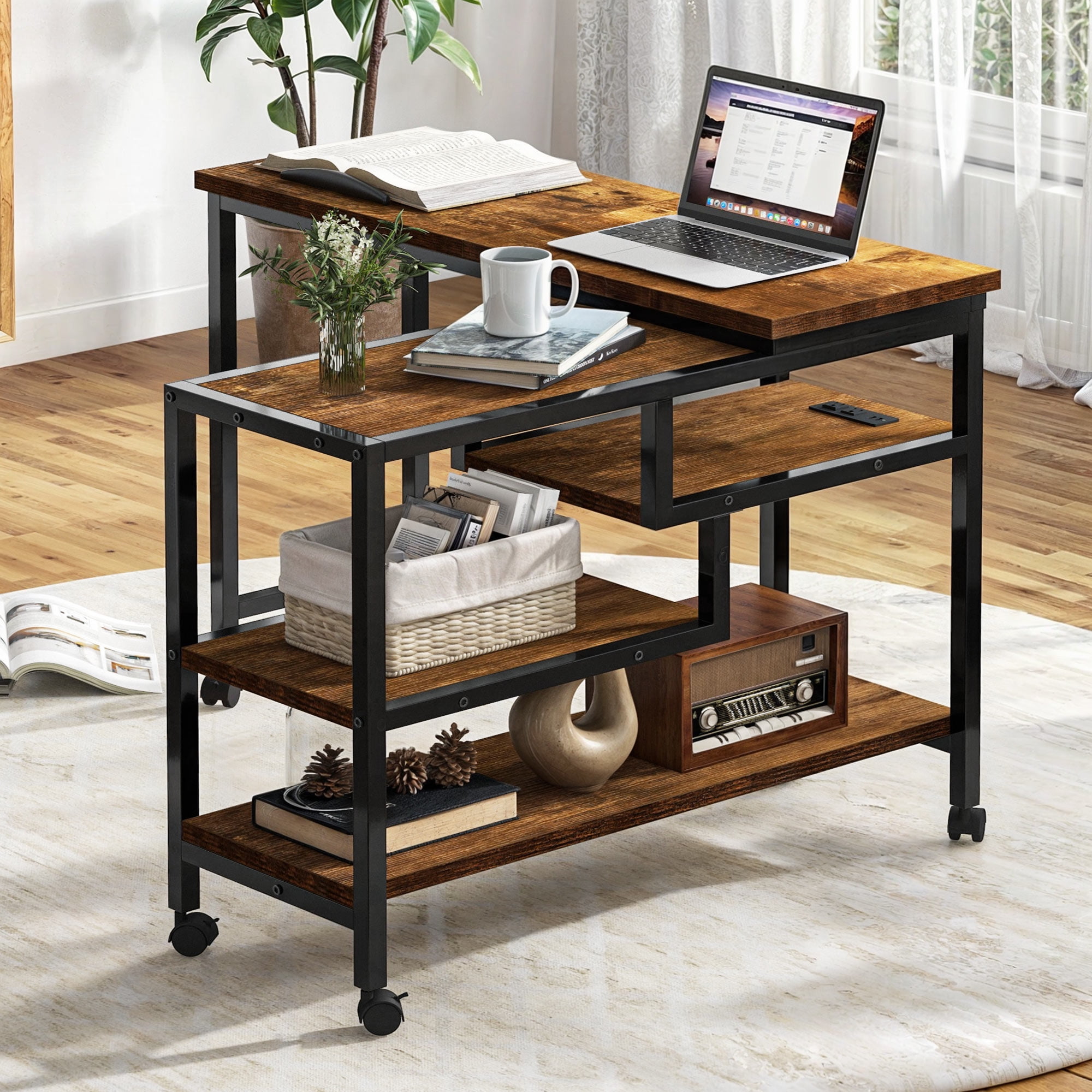 Uforic Rotating Computer Desk with Power Outlets, Corner Writing Desk with Storage & Wheels, Brown