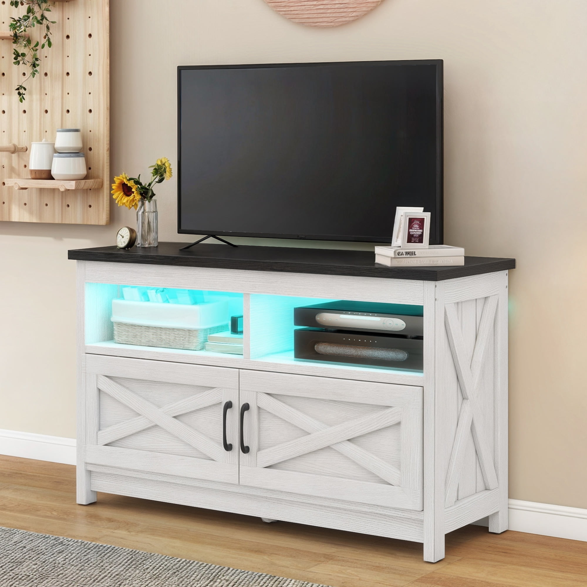 Uforic Small LED TV Stand for 40" TV w/Power Outlets, Farmhouse Entertainment Center Cabinet, White and Black