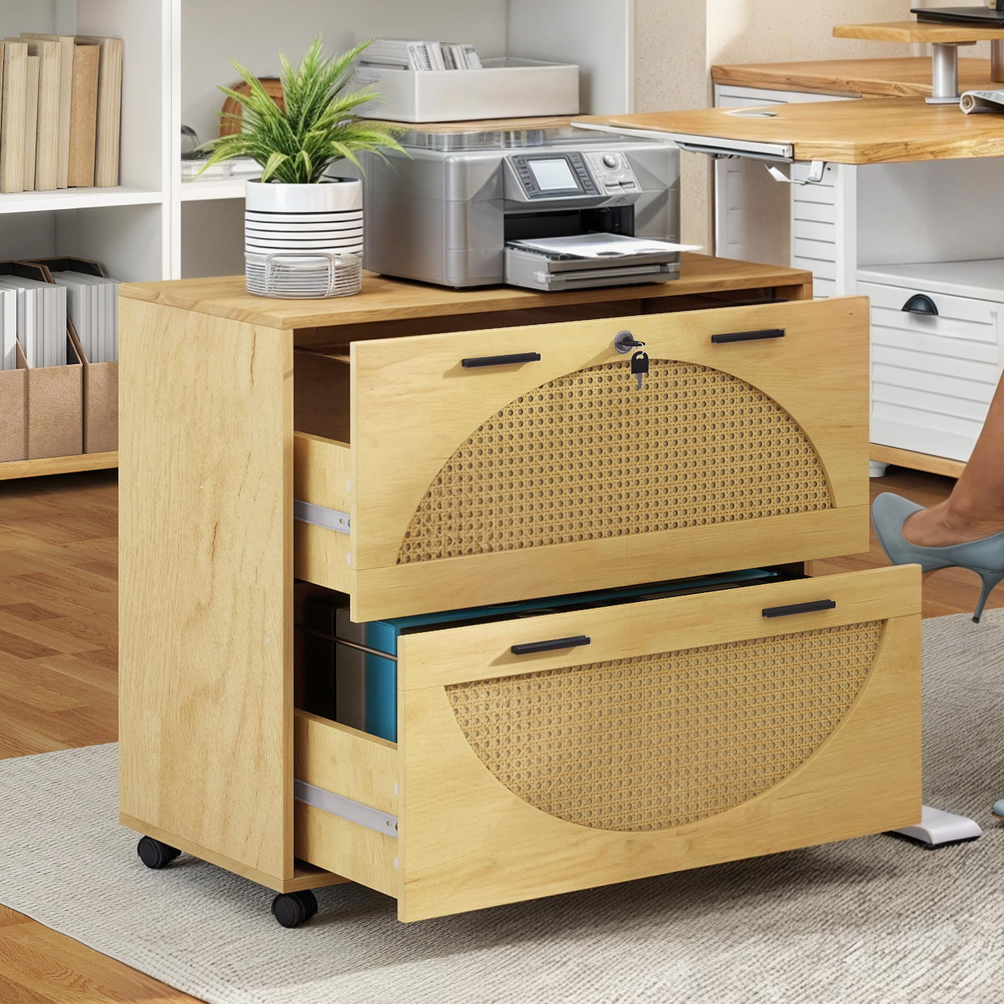 Uforic 2 Drawer File Cabinet with Lock, Mobile Wooden Storage Filing Cabinet with Charging Station for Home Office