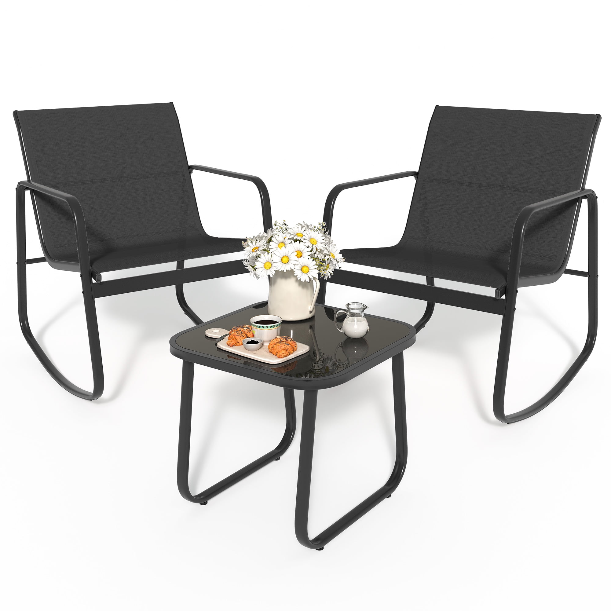 Uforic 3 Pieces Outdoor Patio Conversation Set, Textilene Patio Bistro Set with Coffee Table, Modern Rocking Bistro Chair - Black