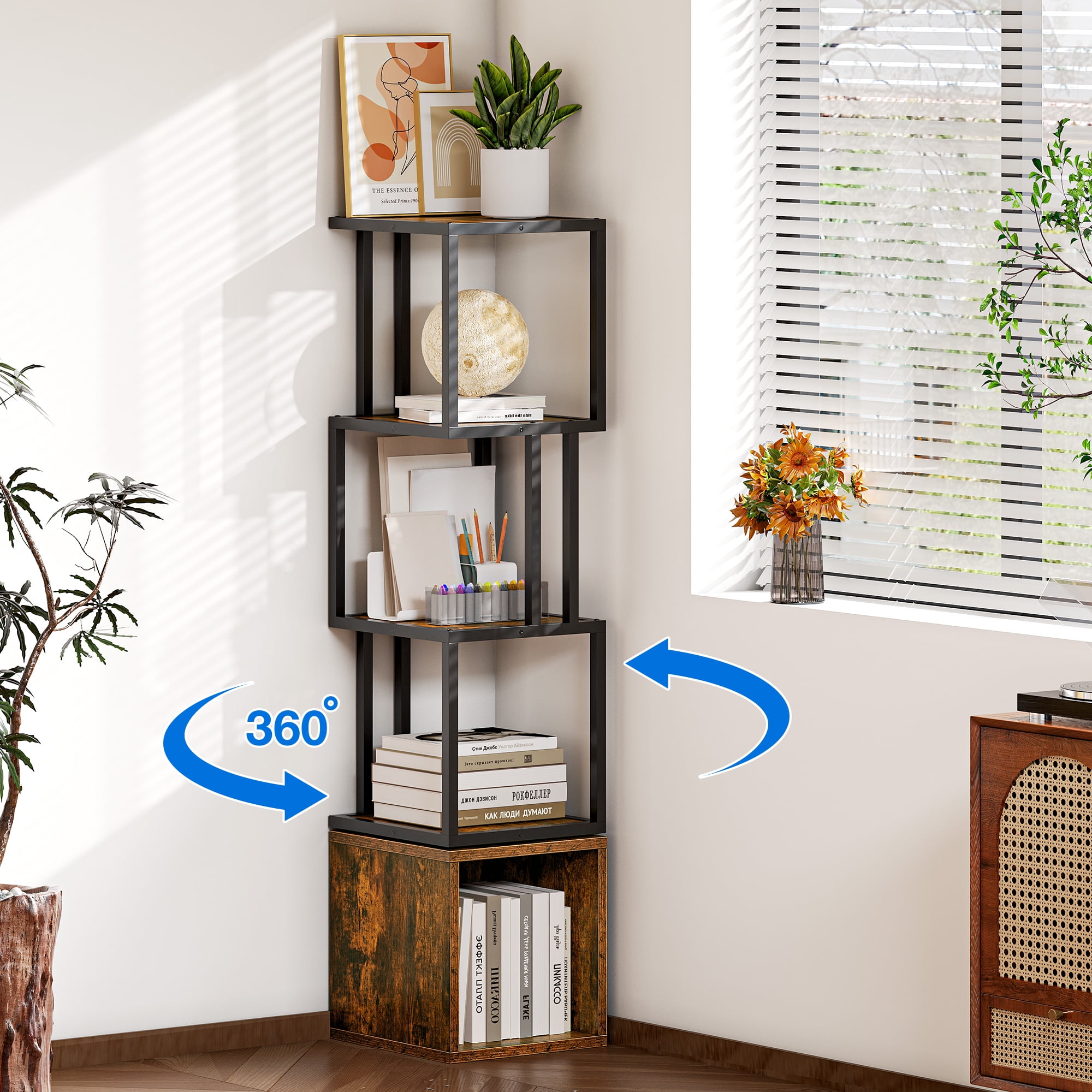 Uforic 4 Tier Bookshelf 360° Rotating Bookcase Open Storage, Small Industrial Bookcase Floor Standing Narrow Shelf for Small Spaces, Living Room, Home Office, Brown