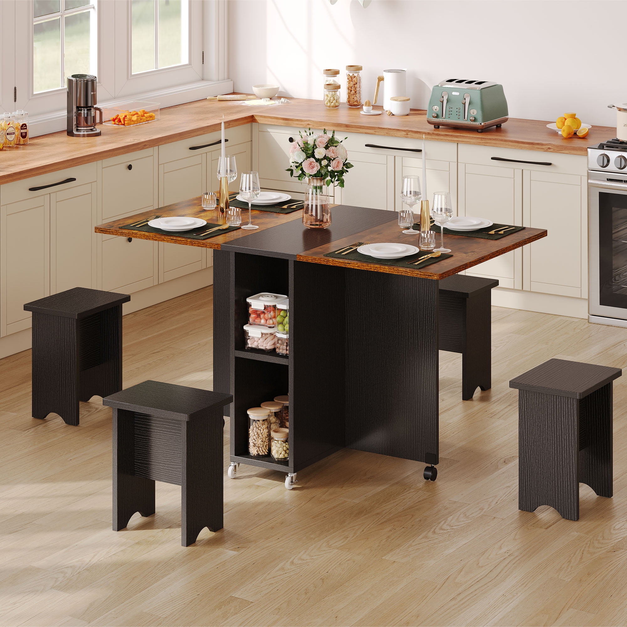 UFORIC 5 Pcs Folding Dining Table Set with 4 Chairs, 55'' Drop Leaf, Storage Racks, Wheels, Brown