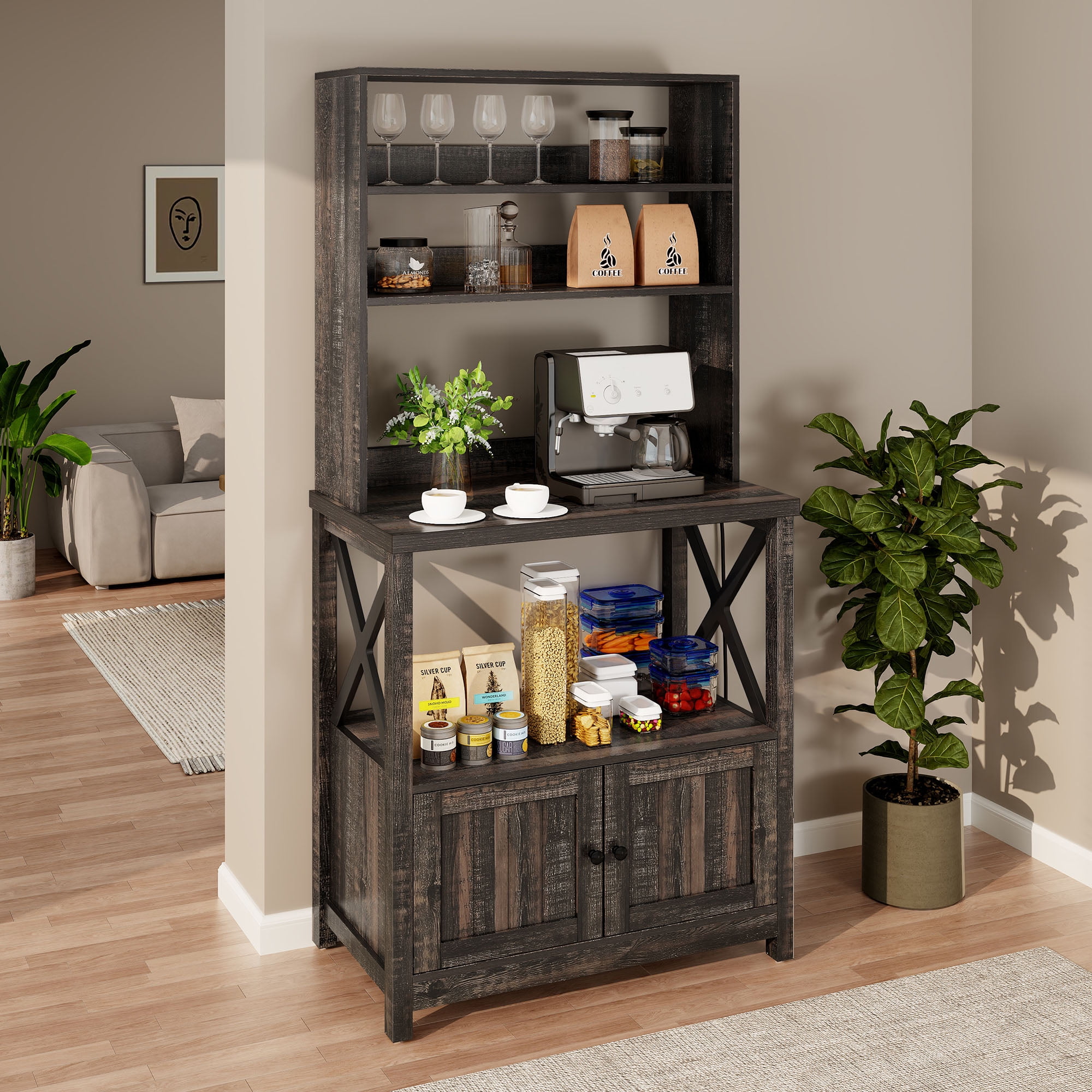 Uforic 63" Bakers Rack with Power Outlets, 4 Tier Microwave Stand Kitchen Storage Shelves with Cabinet, Dark Oak