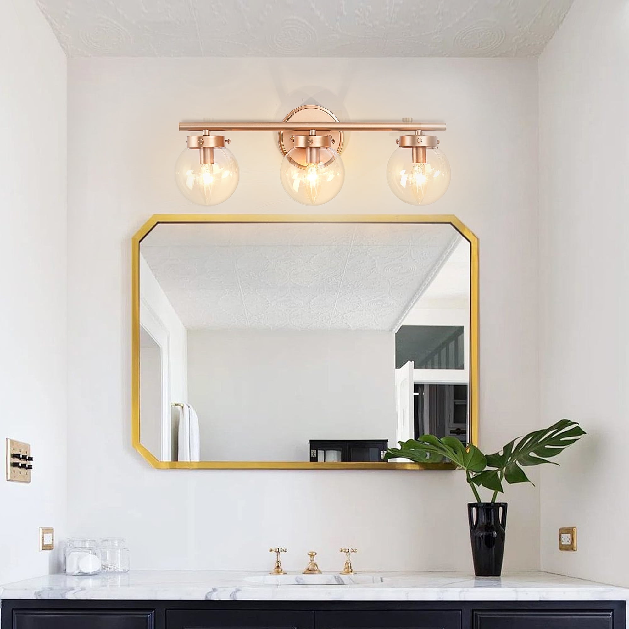 Uznhty 3 Light Gold Vanity Light with Globe Glass Modern Bathroom Wall Sconces E12 Bulb