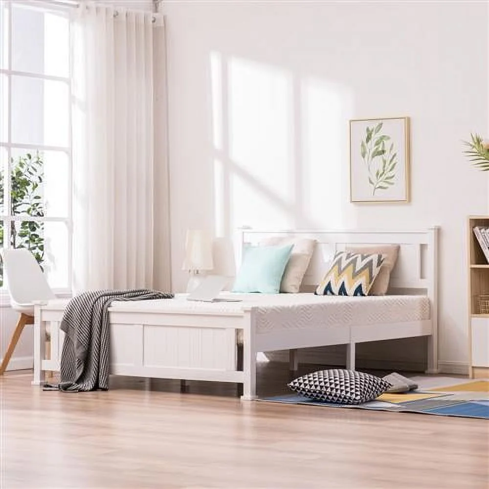 UBesGoo Queen Wood Platform Bed with Hardwood Slats & Headboard, White