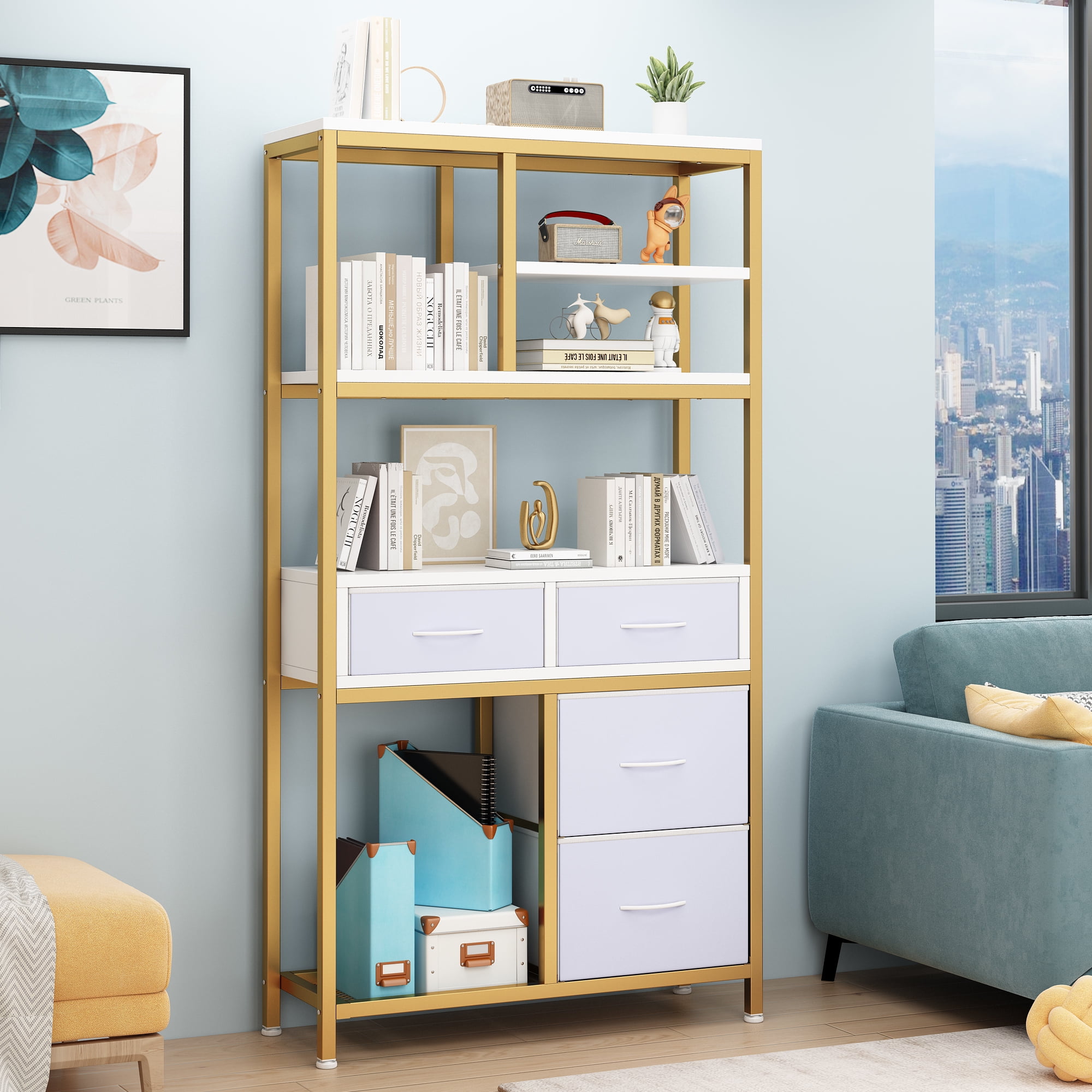 UBesGoo Accent Open Display Shelves Bookcase for Office, 35.43"x11.81"x68.50", Metal Gold, 57.32 lb