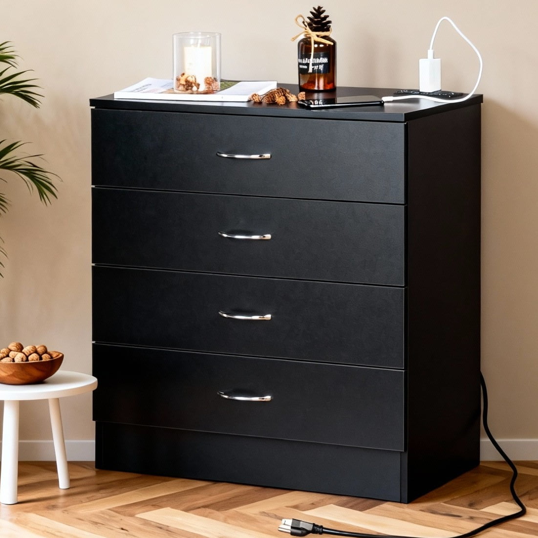 UBesGoo Dresser with 2 Power Outlets & 2 USB, Chest of 4 Drawers, Vanity Dresser with Charging Station, for Bedroom Living Room, Black