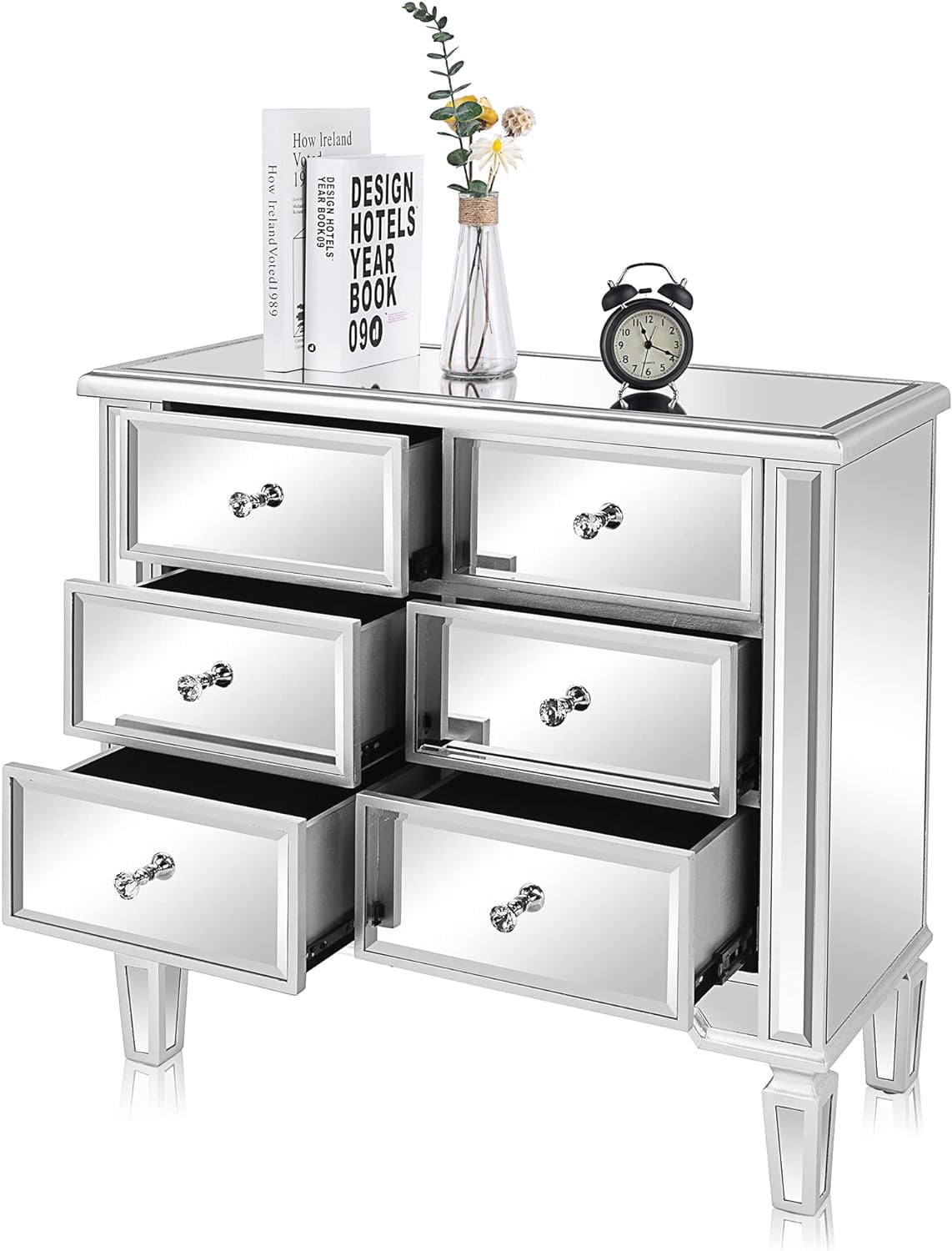 UBesGoo Mirrored 6-Drawer Wooden Dresser, Silver, for Bedroom, 32"L x 12"W x 28"H
