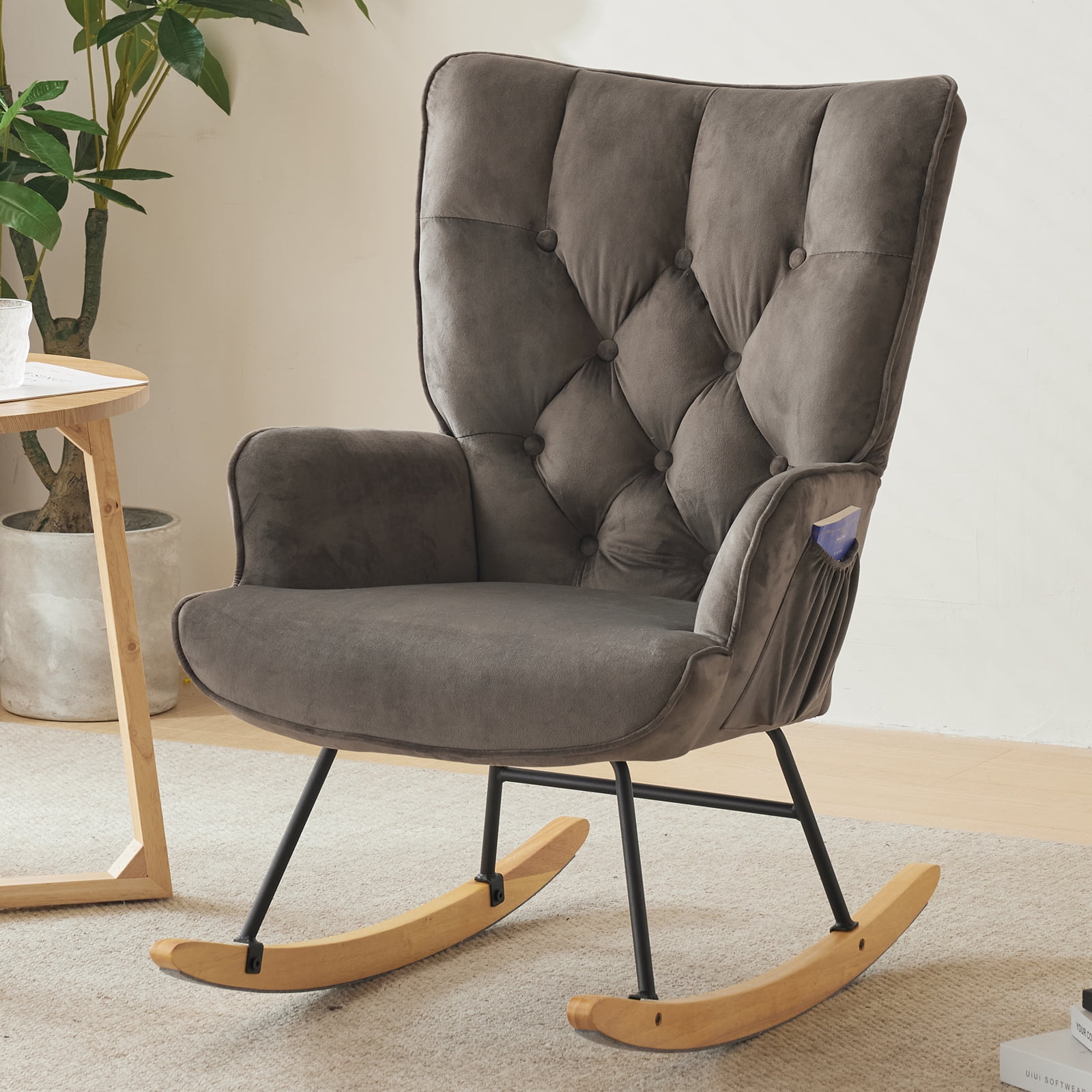 UBesGoo Rocking Accent Chair, Soft Padded Armchair, Comfy Tufted Side Chair with Sturdy Wooden Metal Legs for Living Room Bedroom Gray