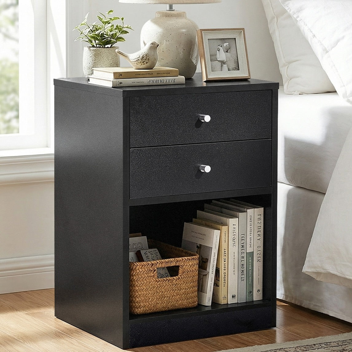 UBesGoo 2 Drawers Wooden Nightstand in Black Finish Bedside Table Bedroom