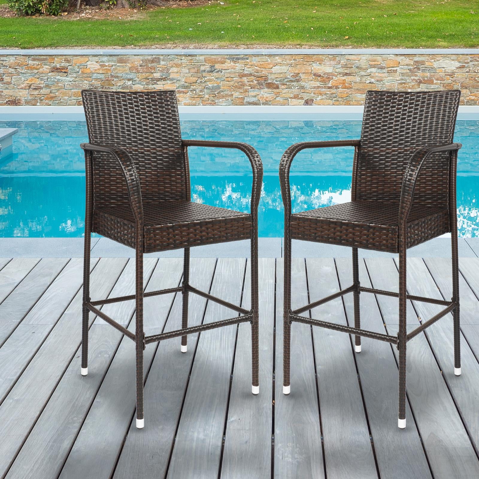 UBesGoo 2-Piece Outdoor Patio Bar Stools Wicker High Bar Chairs, Outdoor Bar Stools, Brown