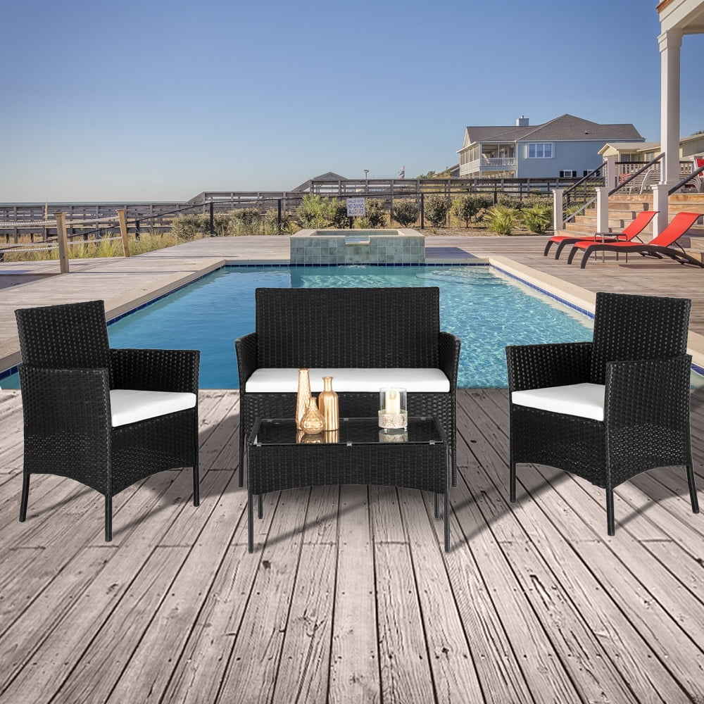 UBesGoo 4-Piece Outdoor Conversation Set, Rasttan Bistro Set for Outdoor, PE Wicker with Cushions, Rattan Patio Furniture Set w/ Glass Table Top, Black