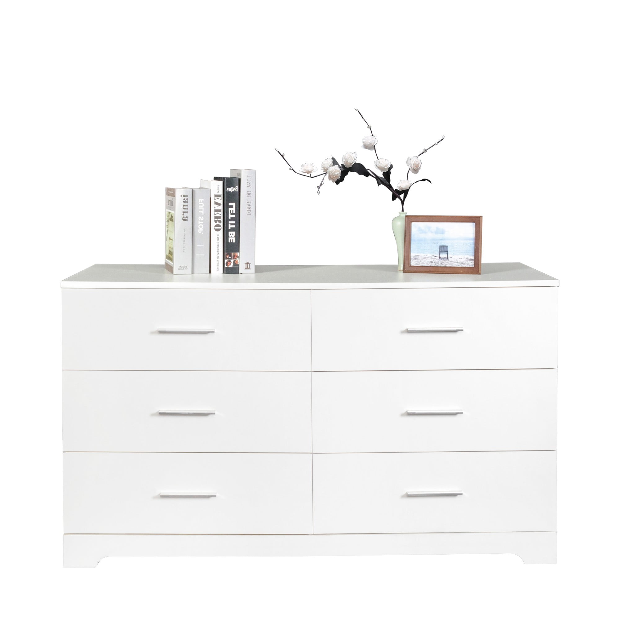 UBesGoo 6-Drawer Dresser Pure White with Metal Handles Bedside Night Stand Bedroom