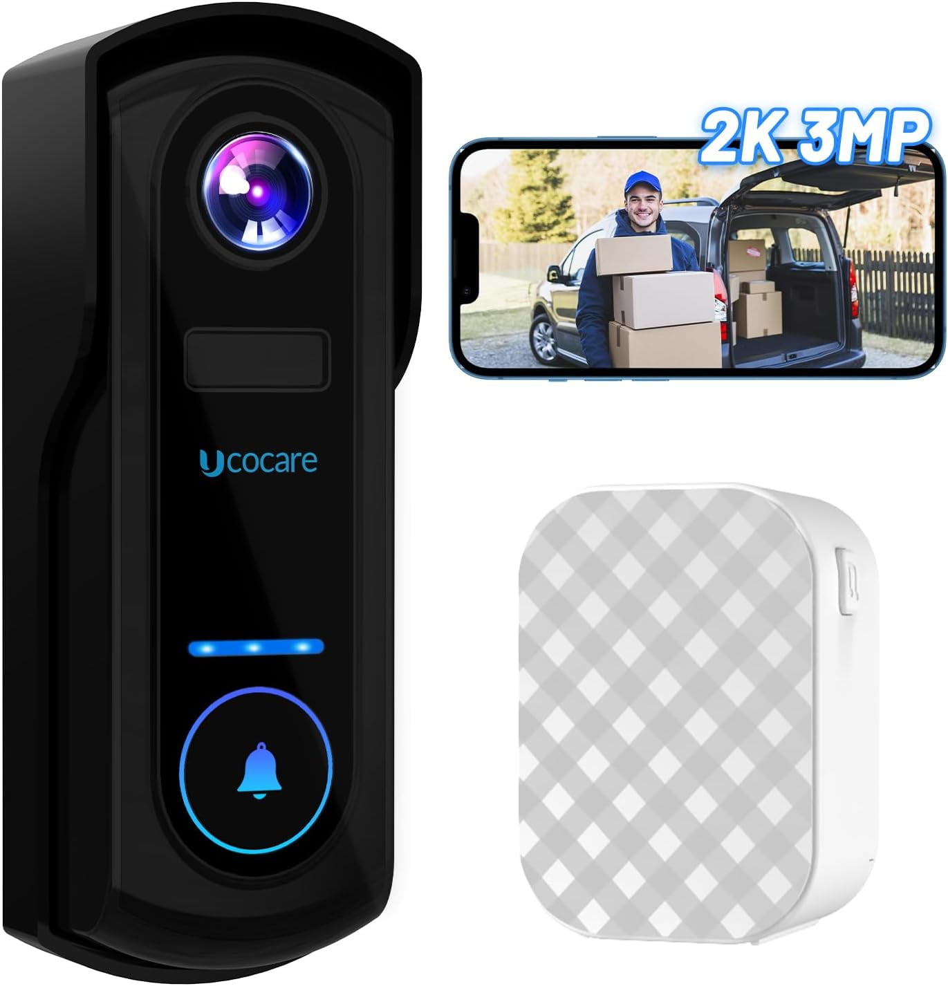 UCOCARE Video Doorbell Wireless with Chime, 2K FHD WiFi Doorbell Camera, PIR Motion Detection, Voice Message, Night Vision, 2-Way Audio, IP67, Support Local Storage & Cloud Storage