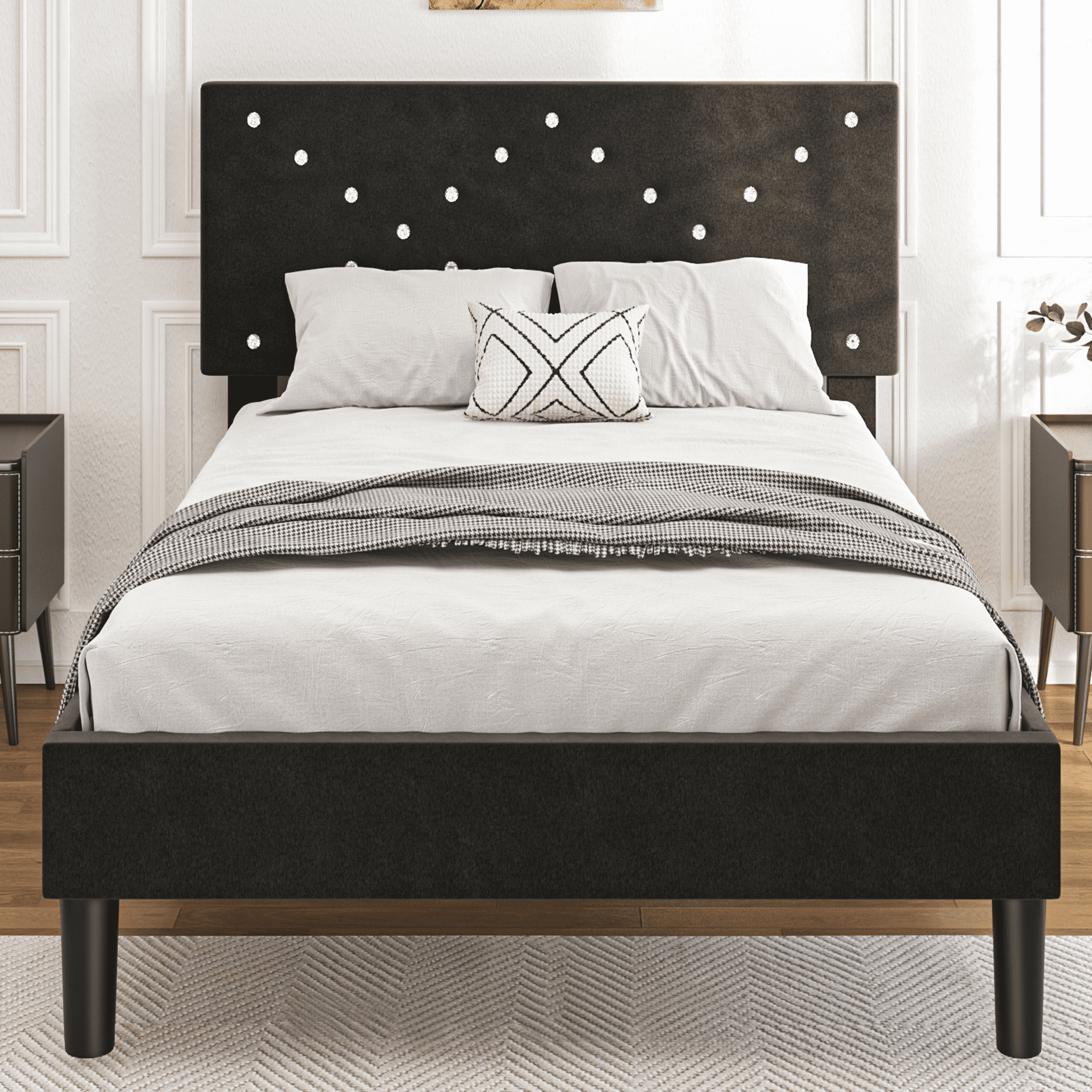 UHOMEPRO Black Platform Bed Frame, Twin Bed Frame with Velvet Upholstered Headboard, No Box Spring Needed, Easy Assembly