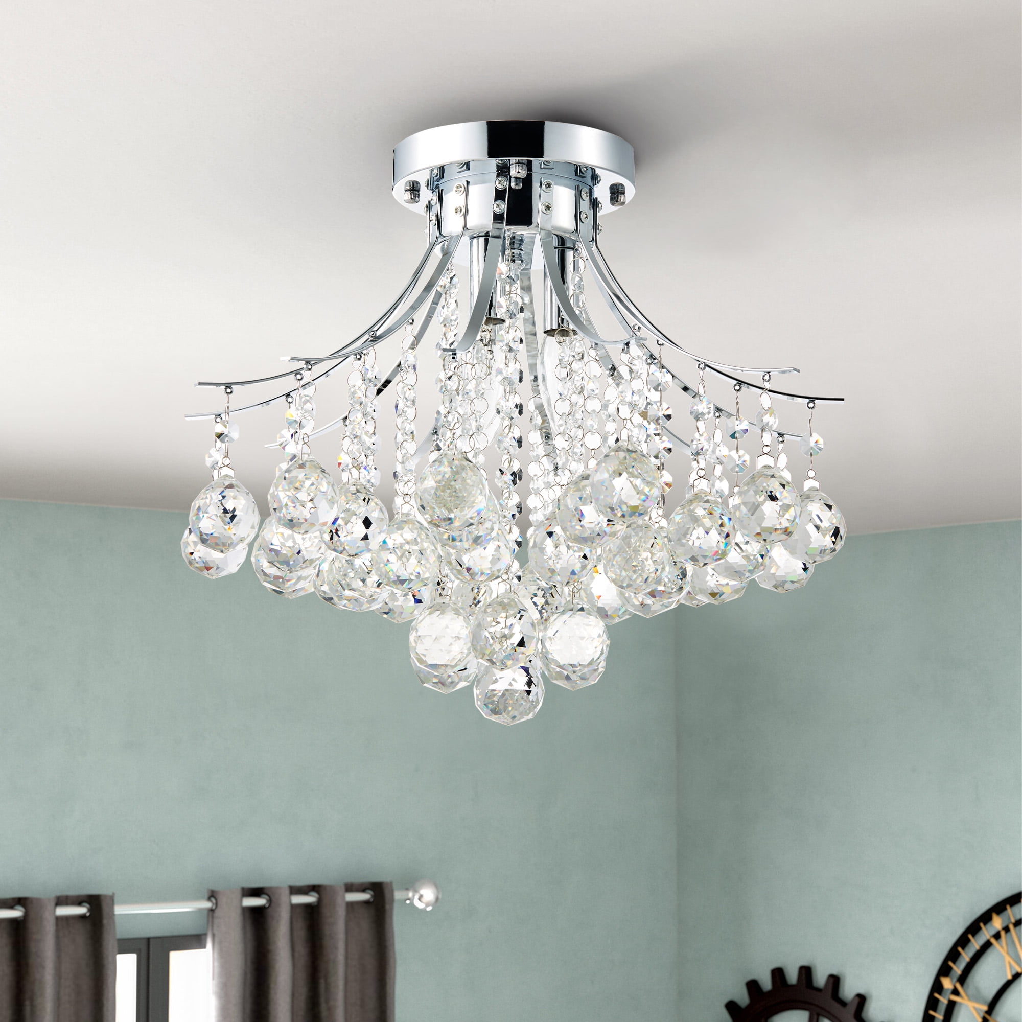 3-Light Crystal Chandelier Ceiling Fixture Pendant, Flush Mount Raindrop Pendant UL Listed