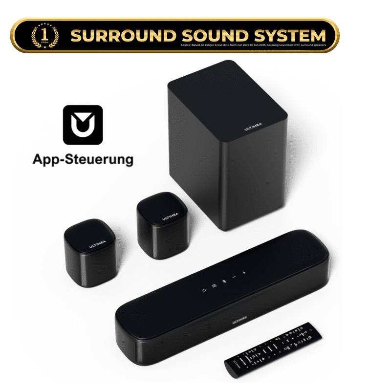 ULTIMEA 5.1ch Sound Bar for Smart TV, Virtual Surround Sound System for TV, App Control, Home Theater Sound System, TV Soundbar with Subwoofer, 2 Surround Speakers, Peak Power 250W, Opt/AUX, Aura A30