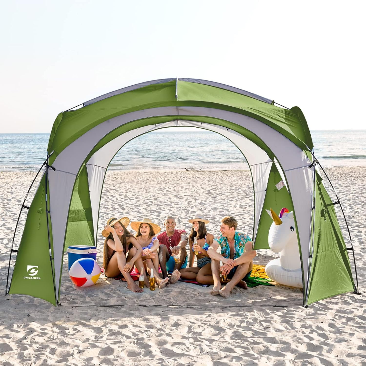 UNP Easy Beach Tent 12 X 12ft Pop Up Canopy UPF50+ Tent with Side Wall, Ground Pegs, and Stability Poles, Sun Shelter Rainproof, Waterproof for Camping Trips, Backyard Fun, Party Or Picnics (Green)